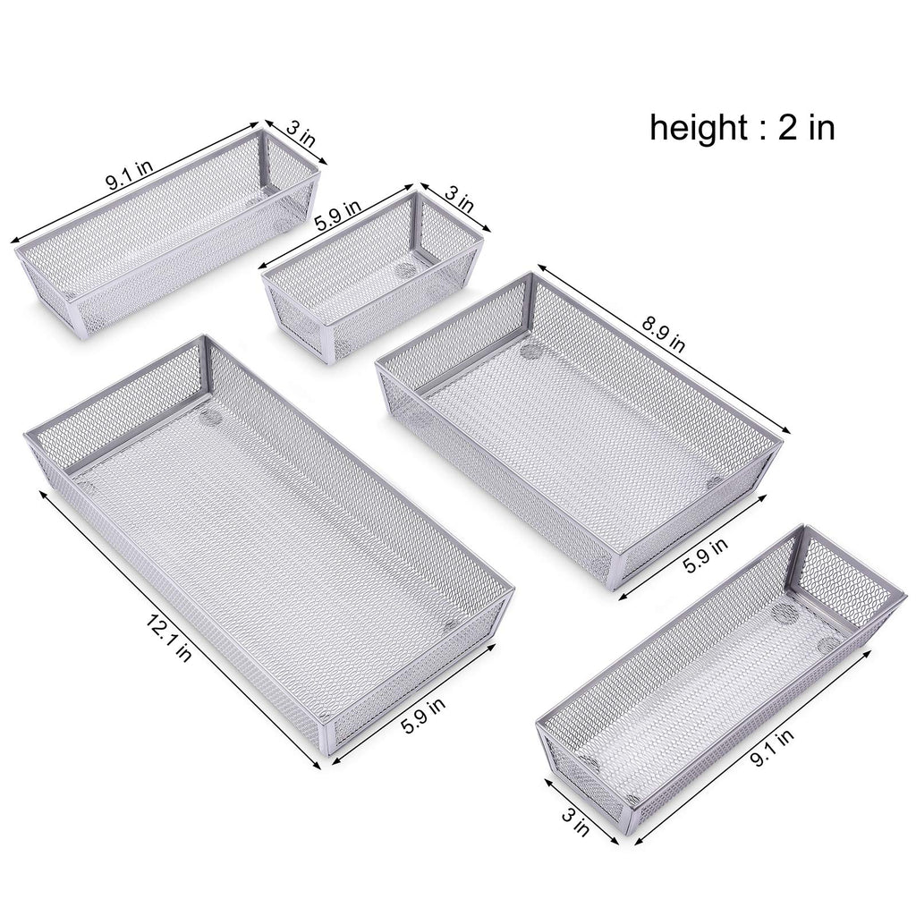 WuGeShop Mesh Silverware Tray Drawer Organizer, Kitchen Utensils Flatware with Anti-slip Mats, Silverware Storage Cutlery Tray for Knives Fork Spoon (5 Separate Compartments, Silver)
