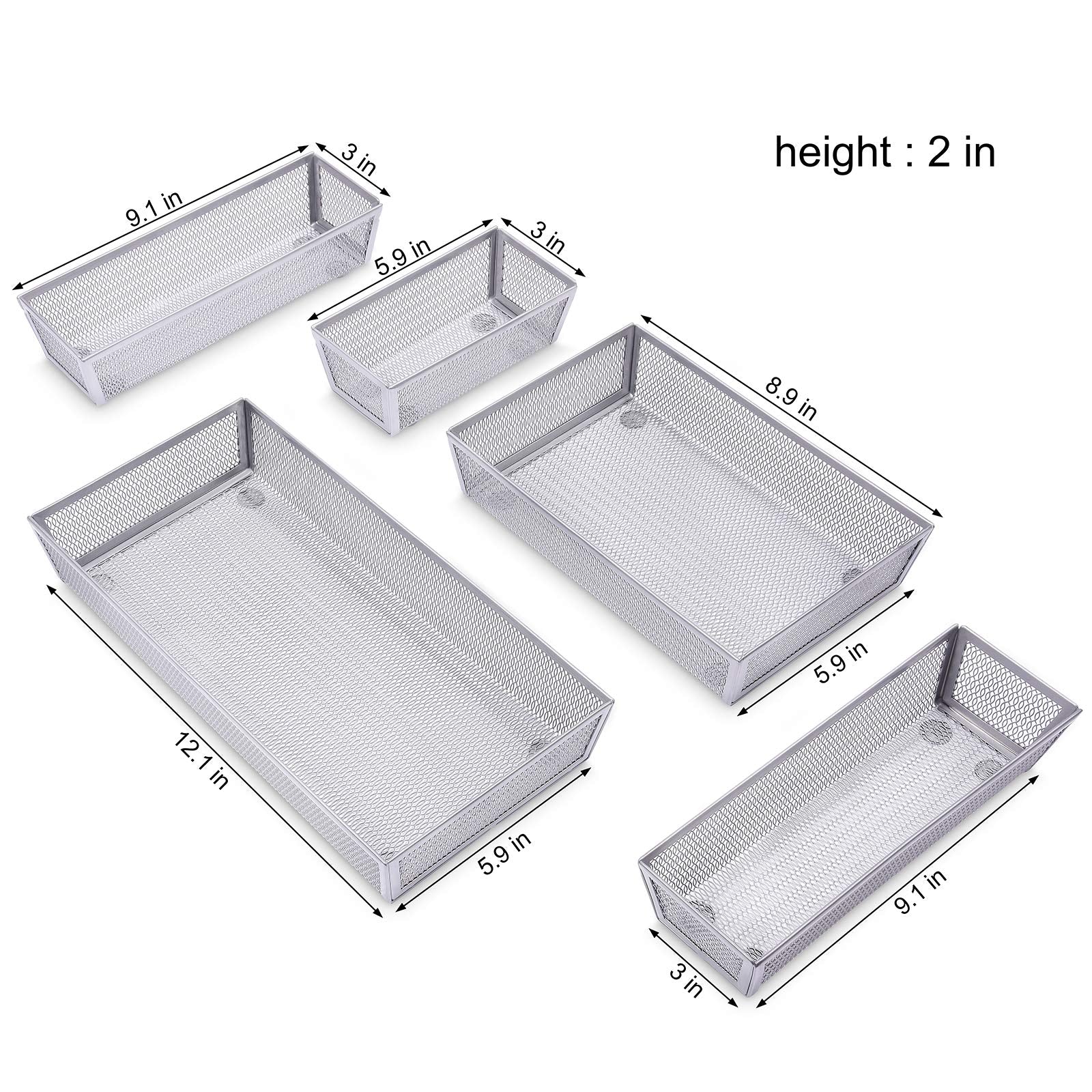 WuGeShop Mesh Silverware Tray Drawer Organizer, Kitchen Utensils Flatware with Anti-slip Mats, Silverware Storage Cutlery Tray for Knives Fork Spoon (5 Separate Compartments, Silver)