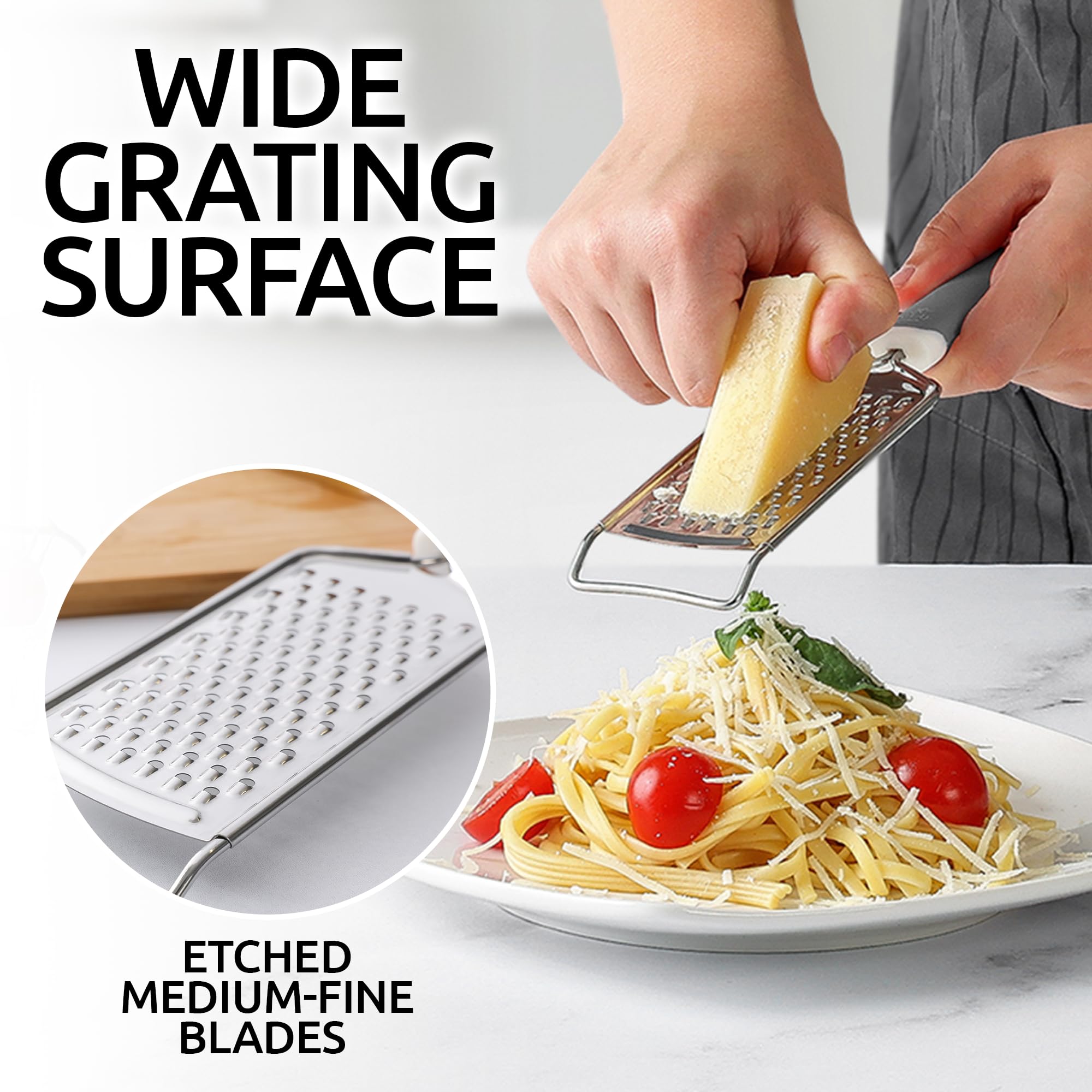 Zulay Kitchen Professional Cheese Grater Stainless Steel - Durable Rust-Proof Metal Lemon Zester Grater With Handle - Flat Handheld Grater For Cheese, Chocolate, Spices, And More - Grey