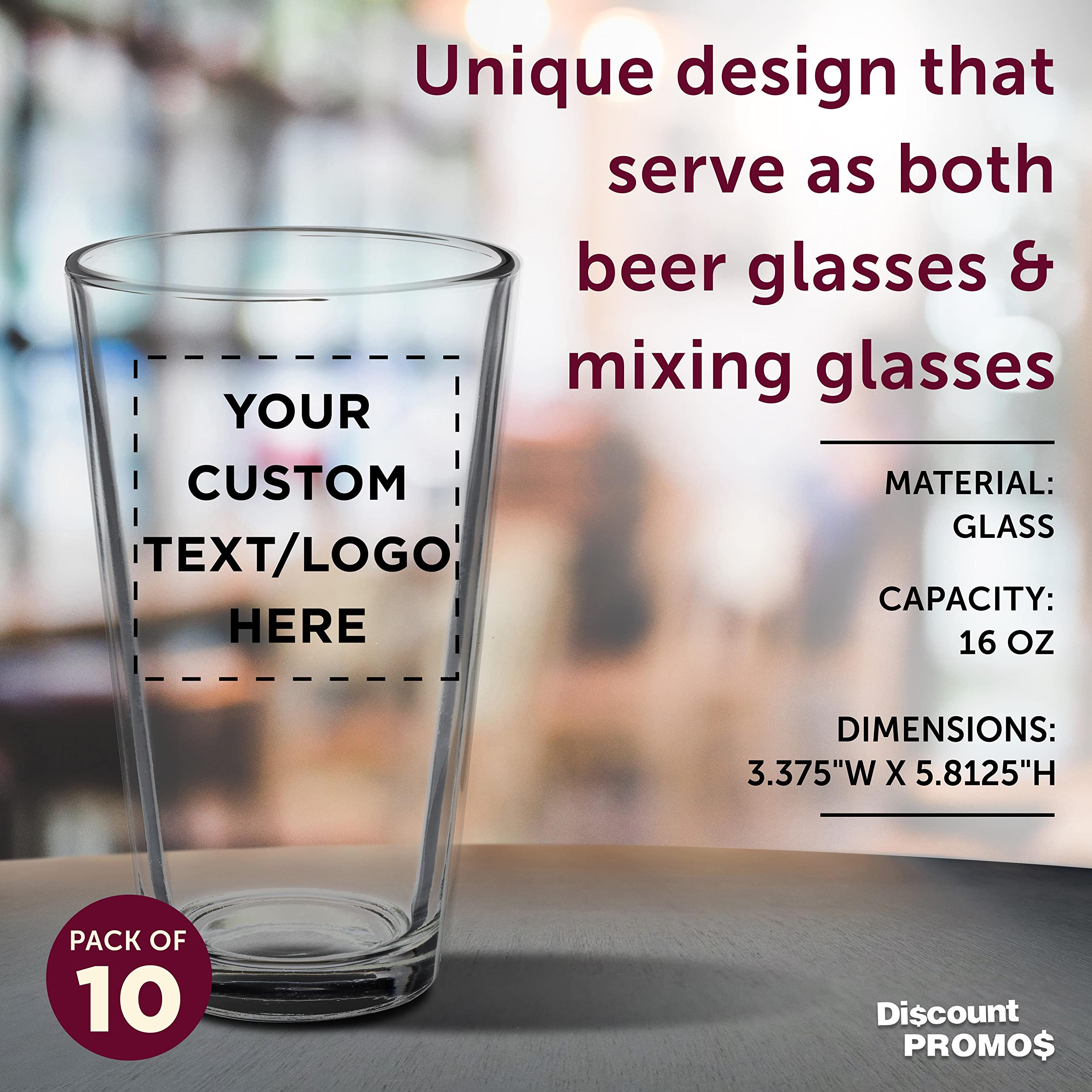 Libbey Pint Glass 16 oz. Set of 10, Bulk Pack - Beer Glasses, Heavy Duty Drinkware - Red