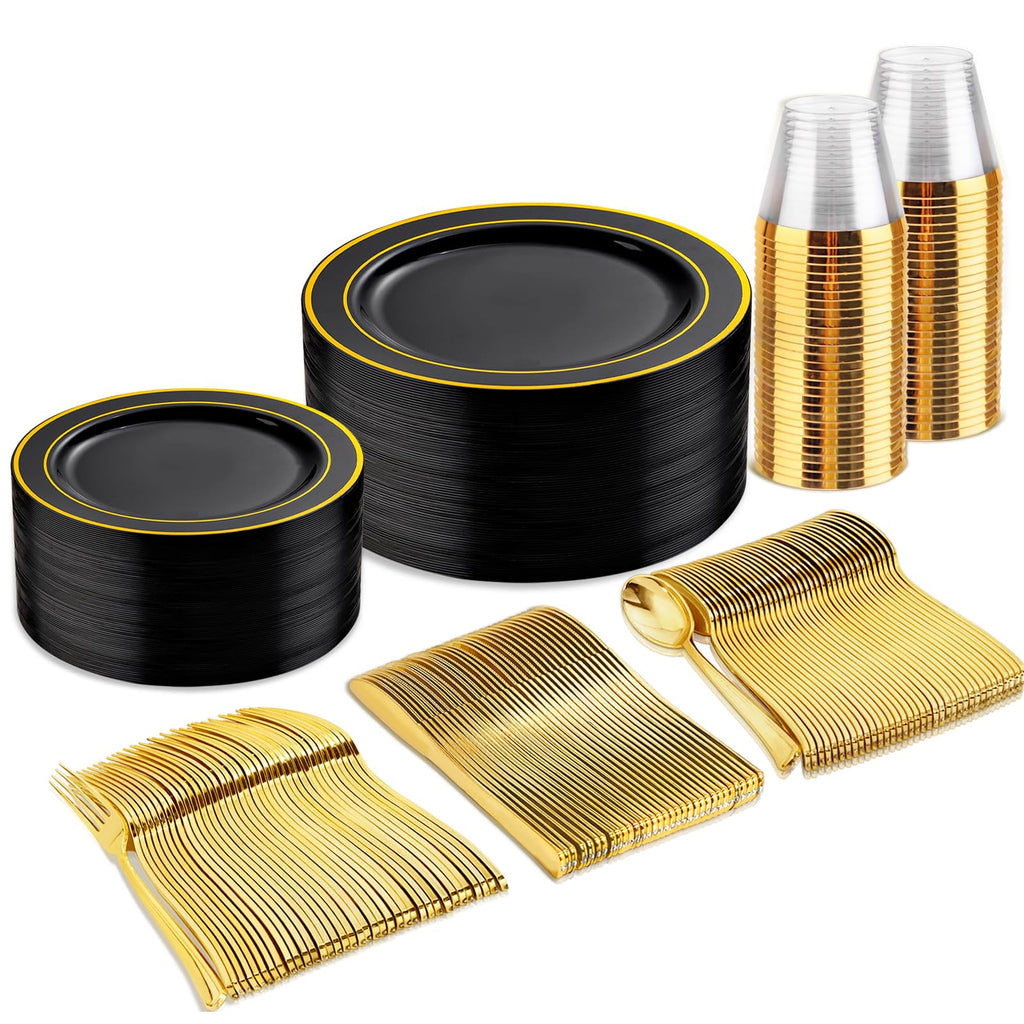 bUCLA 150 Pieces Black and Gold Disposable Dinnerware Set - 25 Guests Black Gold Plastic Plates Include 25 Dinner & 25 Dessert Plates, 25 Spoons, 25 Forks, 25 Knives, 25 Cups for Party & Graduation