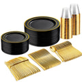 bUCLA 150 Pieces Black and Gold Disposable Dinnerware Set - 25 Guests Black Gold Plastic Plates Include 25 Dinner & 25 Dessert Plates, 25 Spoons, 25 Forks, 25 Knives, 25 Cups for Party & Graduation