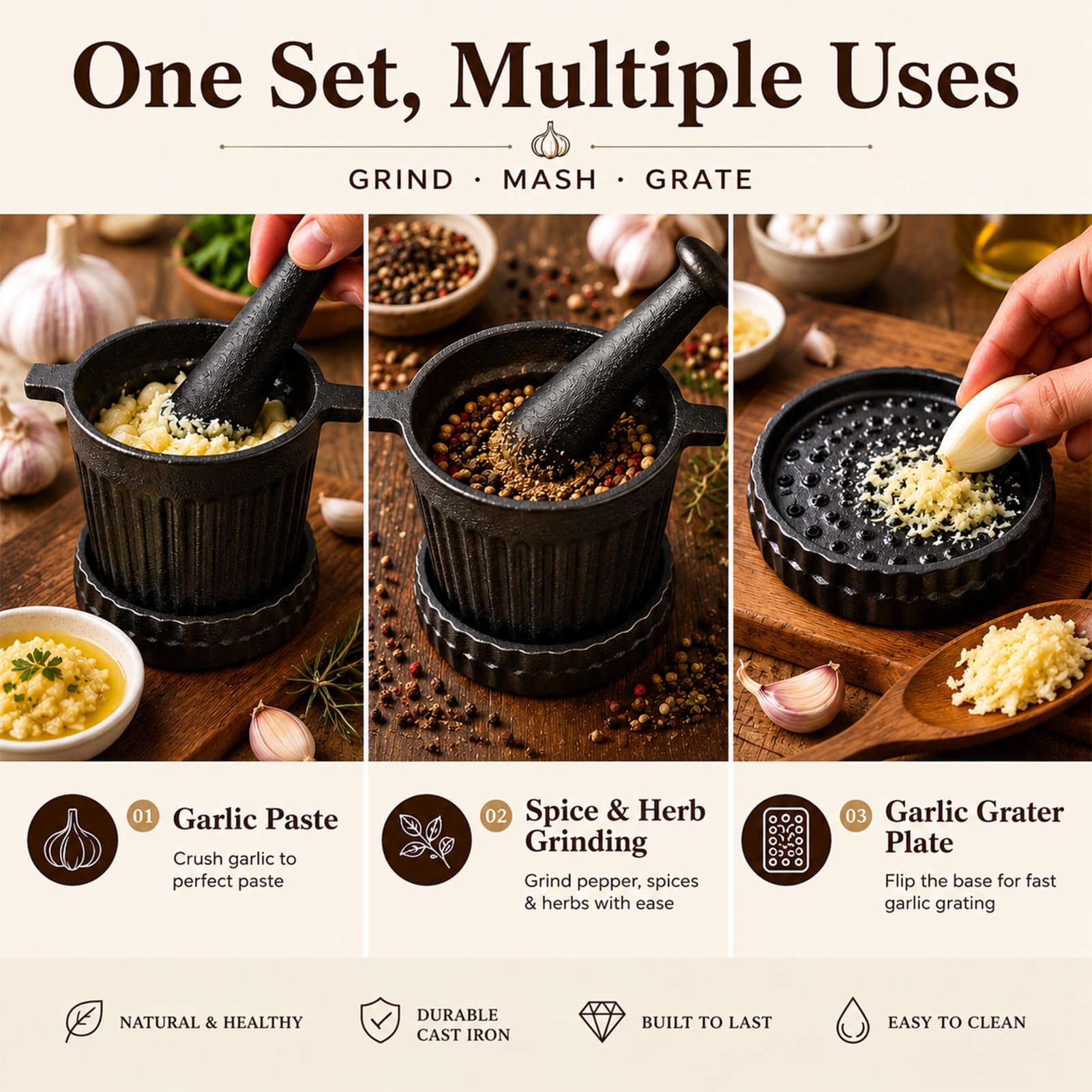 UKEMEN Cast Iron Mortar and Pestle Set, 3-Piece Small Garlic Grater Plate with Brush and Scoop, Heavy Duty Muddler and Bowl Grinder Set Perfect for Guacamole/Spices/Herbs/Solid/Metal/Glass/Rock