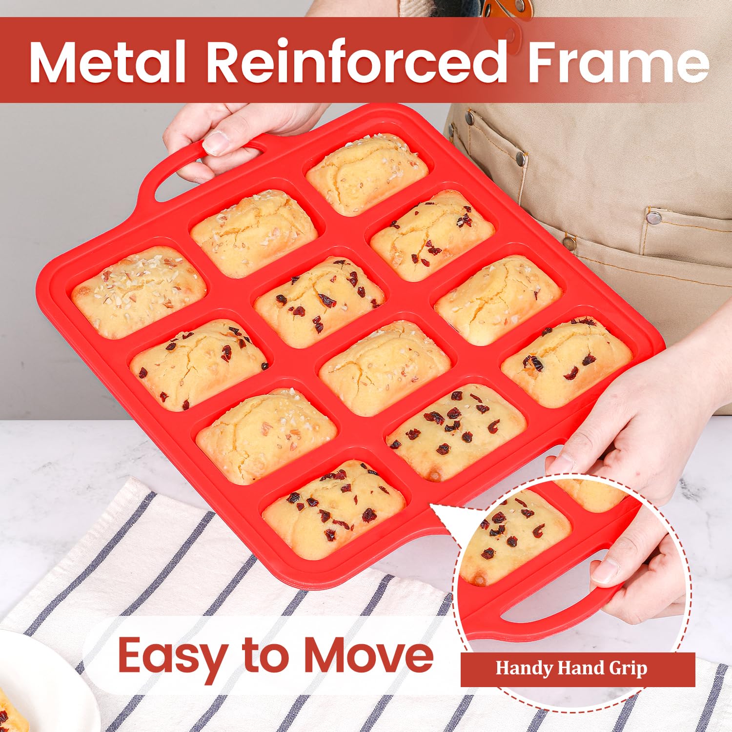 Silicone Mini Loaf Pan, 12 Cavities Metal Reinforced Frame Nonstick Food Grade for Baking Mini Bread, Brownie, Cornbread, Cheesecake and Chocolate (2 Pack)