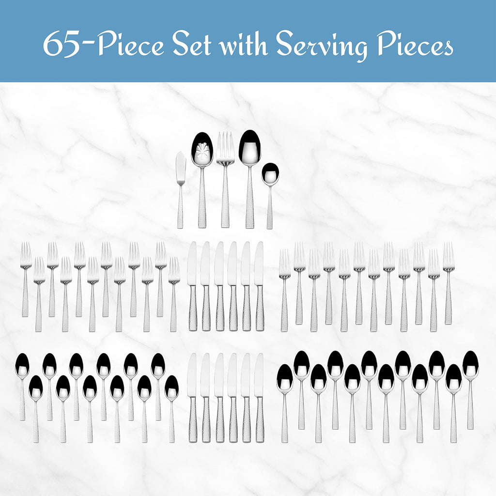 Mikasa Oliver Mirror 18/10 Stainless Steel Flatware Set for 12, 65-Piece Silverware Set with Serving Utensils, Dishwasher Safe Cutlery Set