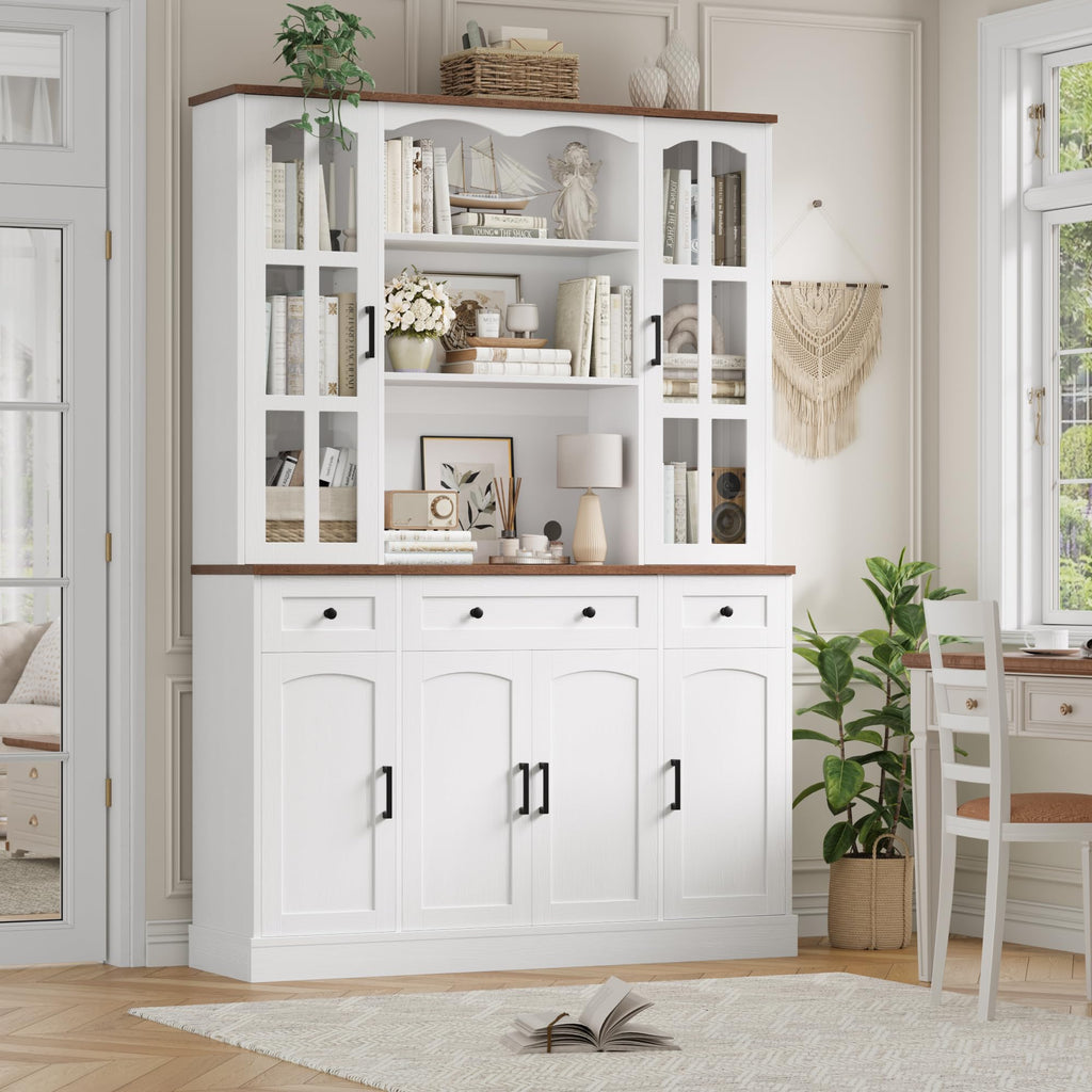 Keyluv 74.8" Tall Pantry Cabinet with Microwave Stand, Large Storage Kitchen Hutch with 3 Drawers & Adjustable Shelves, Arched Glass Door Buffet Cabinet for Kitchen, Dining Room, Living Room, White