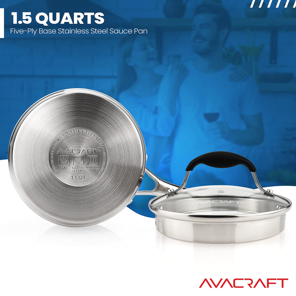 AVACRAFT Stainless Steel Saucepan with Glass Strainer Lid, Two Side Spouts for Easy Pour with Ergonomic Handle, Multipurpose Sauce Pot (5-Ply Capsule Bottom, 1.5 Quart)