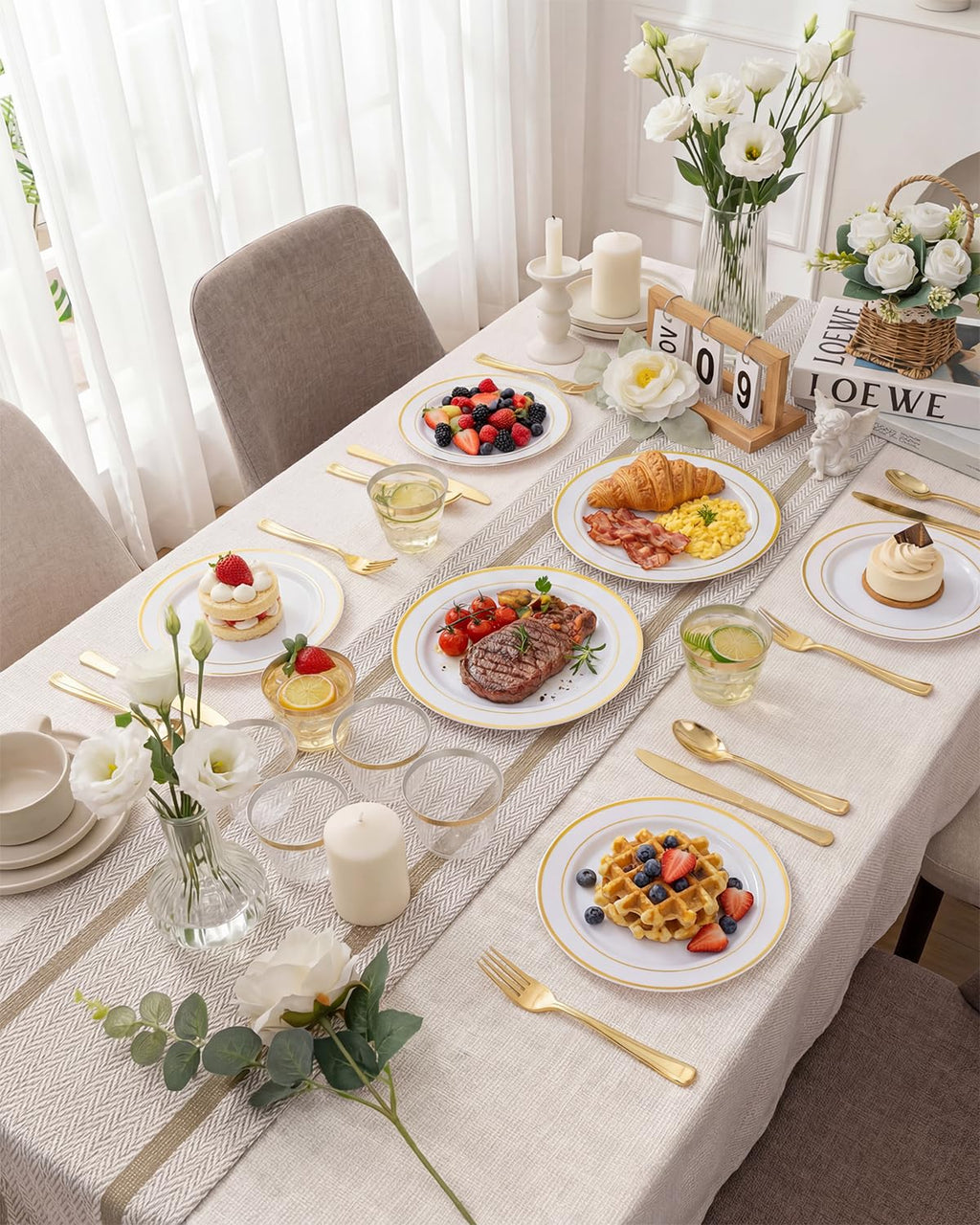 bUCLA 150PCS Gold Plastic Dinnerware Set Disposable - Heavy Duty Gold Plates Include 25 Dinner & 25 Dessert Plates,25 Forks,25 Knives,25 Spoons&25 Cups for Party&Wedding