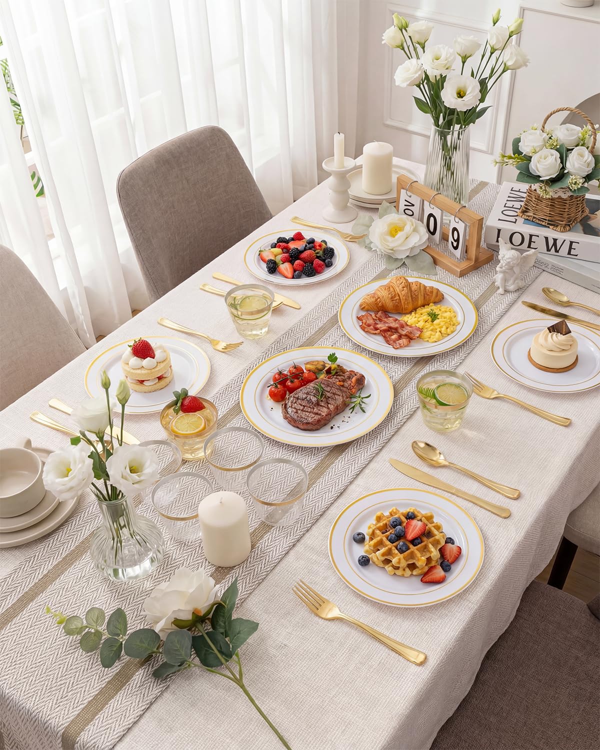 bUCLA 150PCS Gold Plastic Dinnerware Set Disposable - Heavy Duty Gold Plates Include 25 Dinner & 25 Dessert Plates,25 Forks,25 Knives,25 Spoons&25 Cups for Party&Wedding