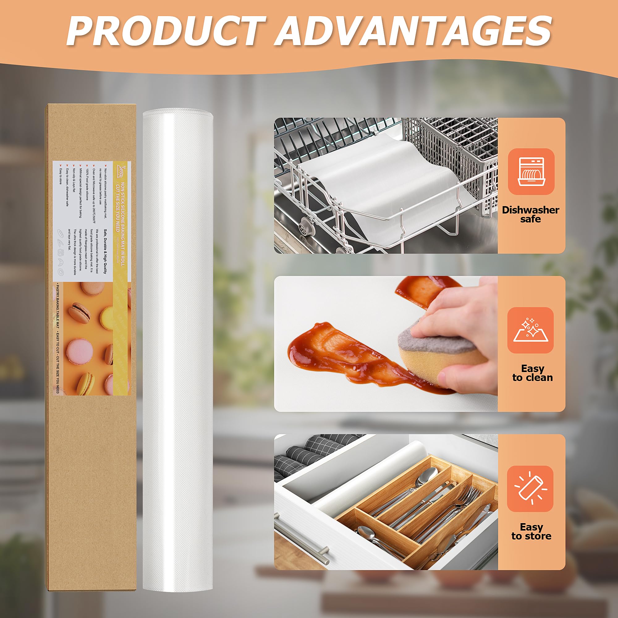MMmat Silicone Baking Mat Roll, Non-Stick Heat Resistant Food Grade Baking Mats, Non-Slip Reusable Air Fryer Linner, Freeze Dryer Mat, Counter Mat, Oven Liner, Refrigerator Liners - 16IN x 10FT