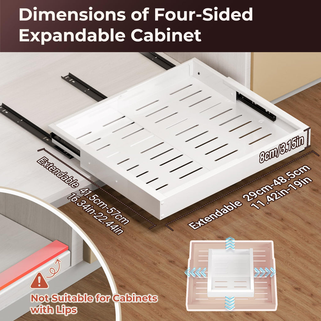 Makfoner 1 Pcs Pull Out Cabinet Organizers, Width (12"-19") and Depth (17"-23") Expandable With 3 Slides, No Drill Slide out Drawers Adhesive Film or Nail Cabinets Without Lip in Kitchen, Bathroom