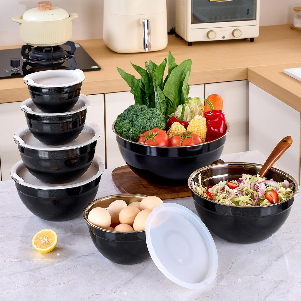 LKTDYMEG Black Mixing Bowls with Lids Set of 7, Stainless Steel Nesting Bowl with Khaki Lid for Non-slip Mixing Prepping Storing Serving, 7 Sizes-7/3.6/2.7/2.1/1.5/1/0.8 QT