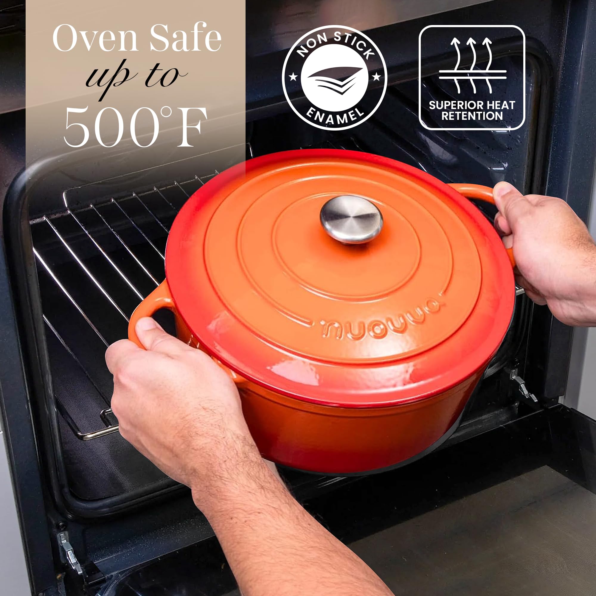 Cast Iron Pot with Lid-Non-Stick Ovenproof Enamelled Casserole Pot, Oven Safe up to 500° F-Sturdy Dutch Oven Cookware - Orange, 5-Quart, 24cm by- Nuovva