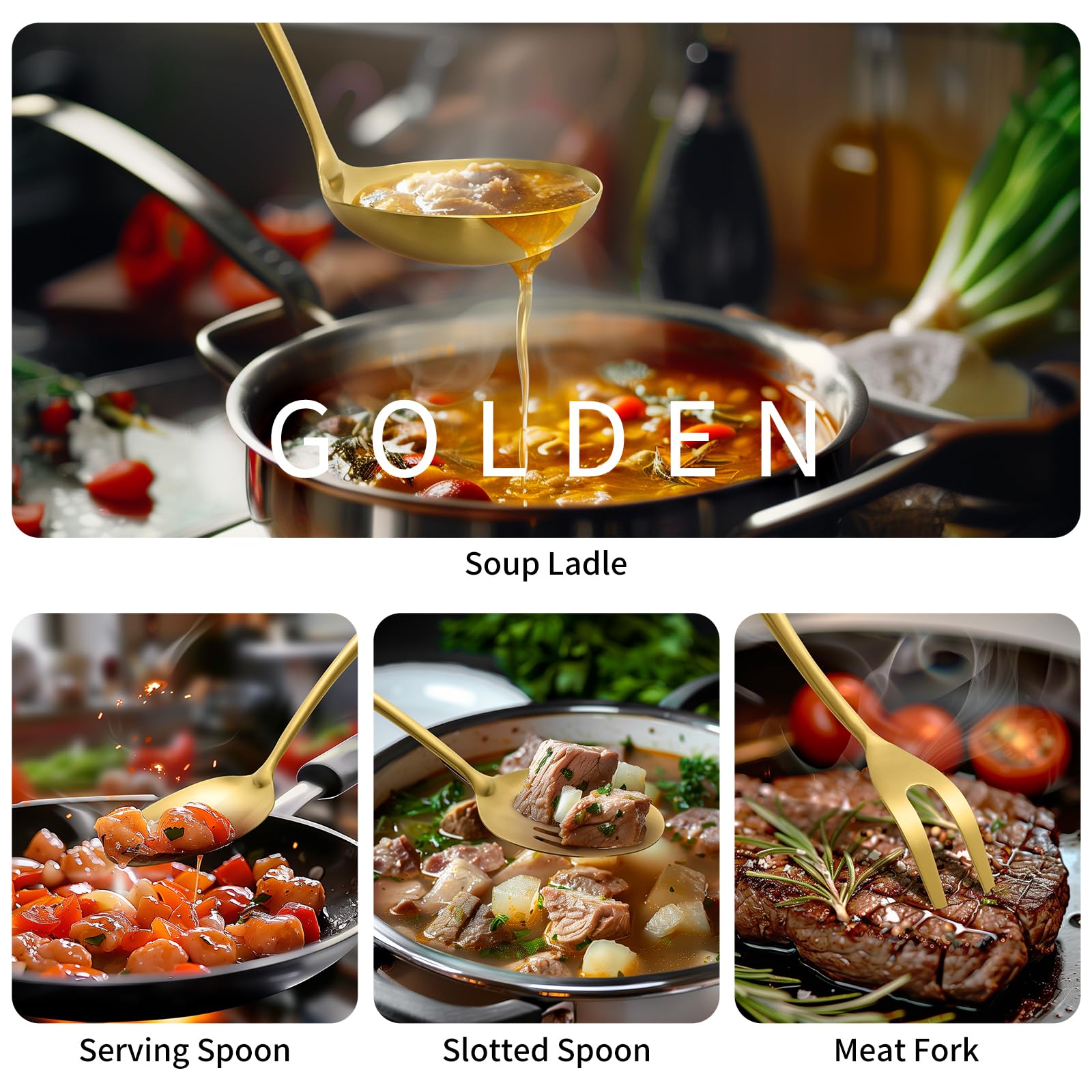 304 Stainless Steel Matte Kitchen Utensils Set, 11 Pcs Long Metal Cooking Utensils Set, Gold Cooking Utensils Set, Dishwasher Safe