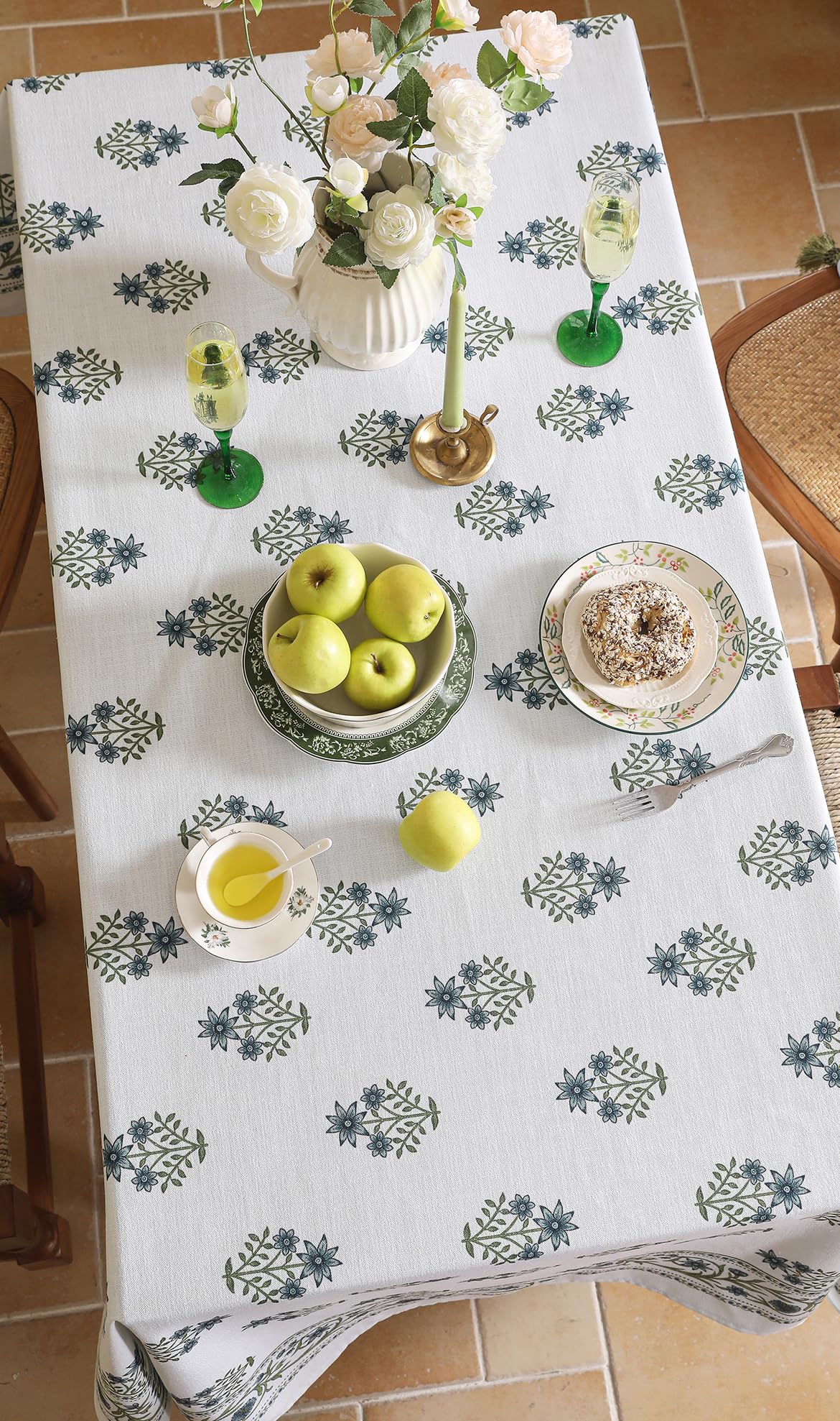 ISAENNE Designer White Linen Small Rectangular Tablecloth,Chinoiserie Floral Elegant Indoor Table Cloth,Fall Stain Proof Decor Tablecloths for Dining Thanksgiving Kitchen,55"*71"-Mosella F
