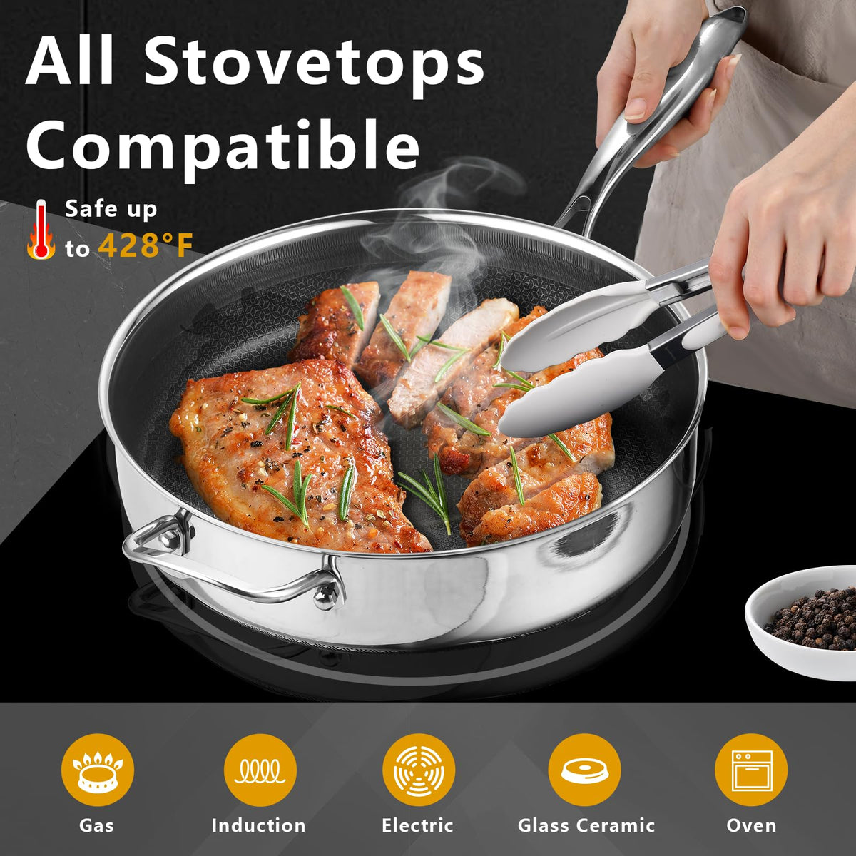 SAKAMOSH 5.6 Qt Hybrid Nonstick Deep Sauté Pan & Lid, 12" Stainless Steel
