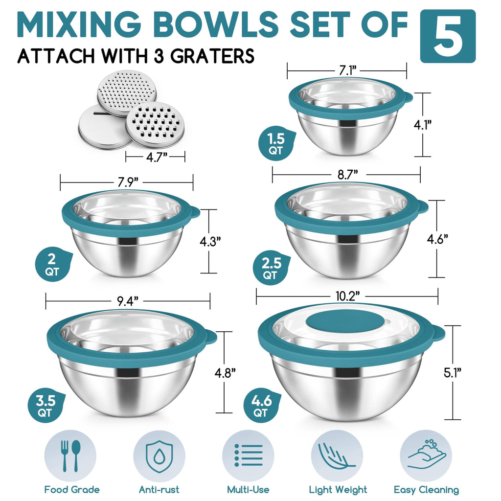 Herogo 5-Piece Mixing Bowls with Airtight Clear Lids, 3 Grater Attachments, Stainless Steel Large Bowls of 5 for Kitchen, Size 4.6, 3.5, 2.5, 2, 1.5QT Ideal for Mixing and Serving, Blue