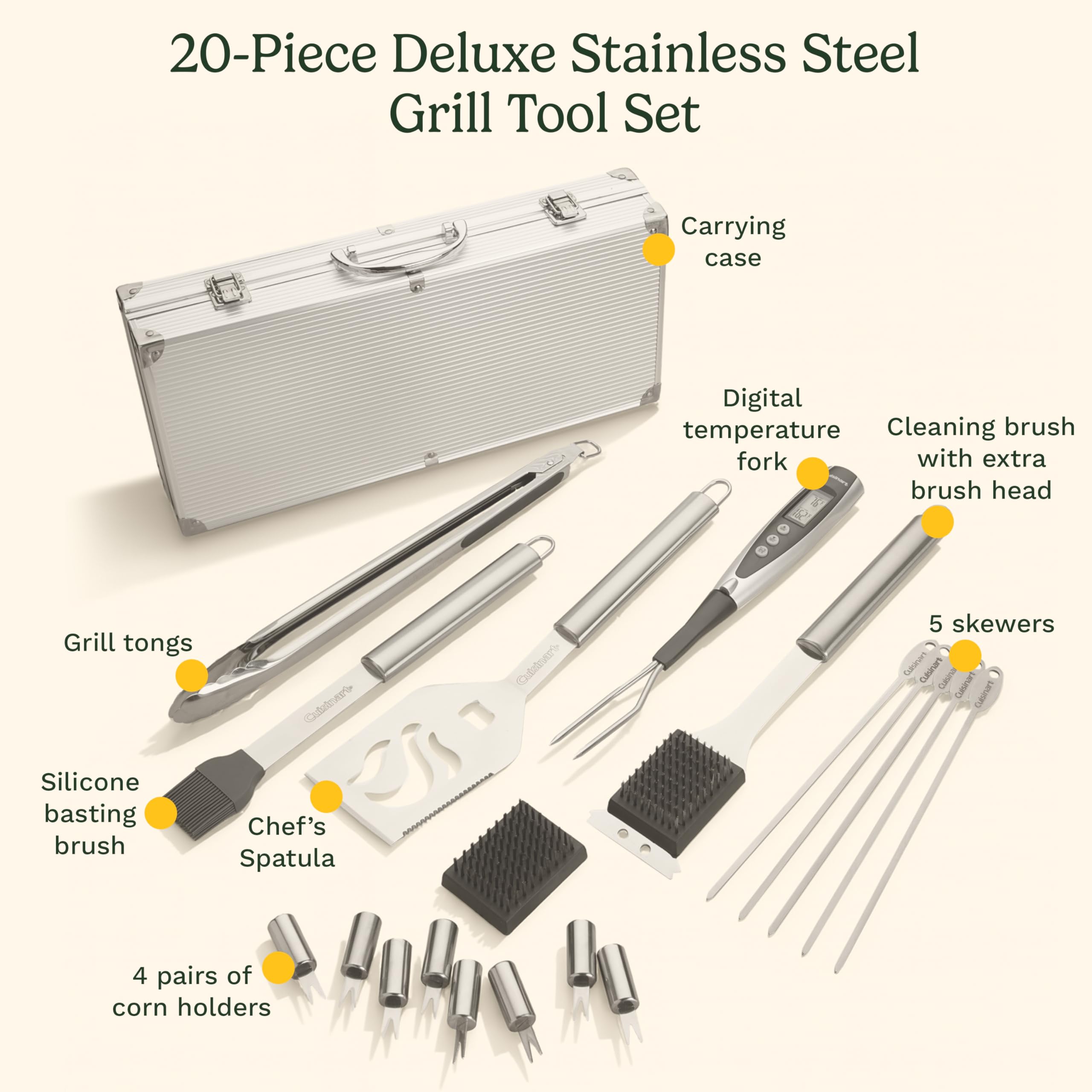 Cuisinart Deluxe Grill Tool Set, 20-Piece Grill Set, BBQ Accessories with Aluminum Case, Stainless Steel Grilling Accessories, BBQ Tools, Grilling Gifts for Men, for Dad Husband