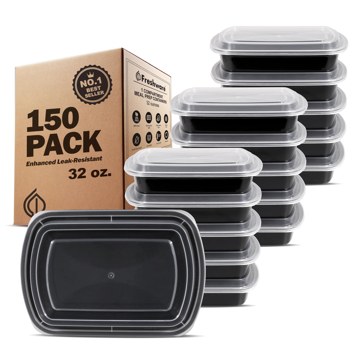 Freshware Meal Prep Containers [150 Pack] 1 Compartment Food Storage Containers with Lids, Bento Box, BPA Free, Stackable, Microwave/Dishwasher/Freezer Safe (28 oz)
