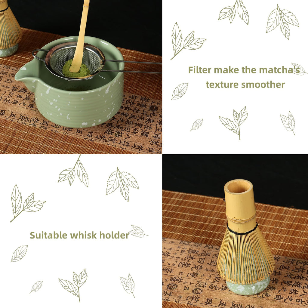 Matcha Whisk Set, Ceramic Matcha Set Includes Matcha Bowl with Spout, Whisk & Holder, Bamboo Scoop, Stainless Sifter, Towel, Matcha Kit Making Tools,Light Green,7 PCS