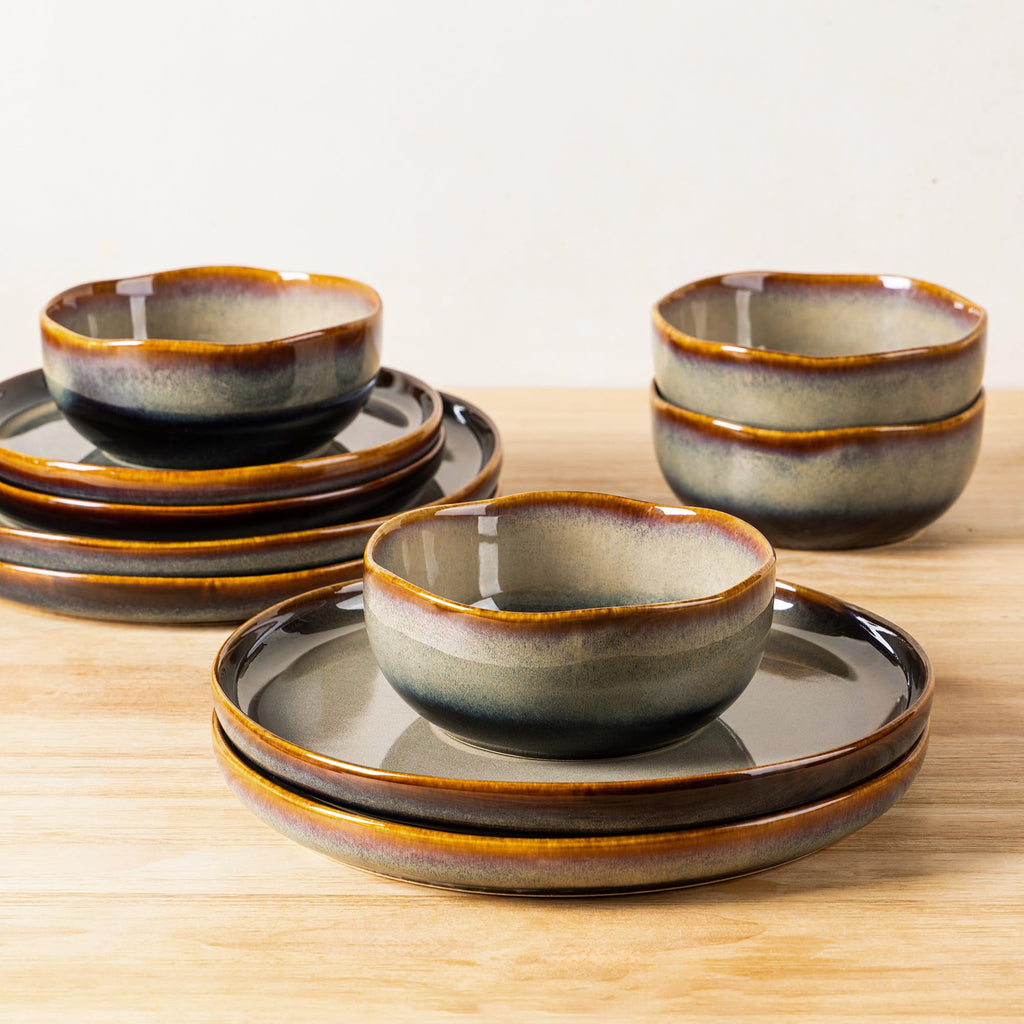 TheTerra Ceramic Dinnerware Set for 4, 12-Piece Plates and Bowls Set