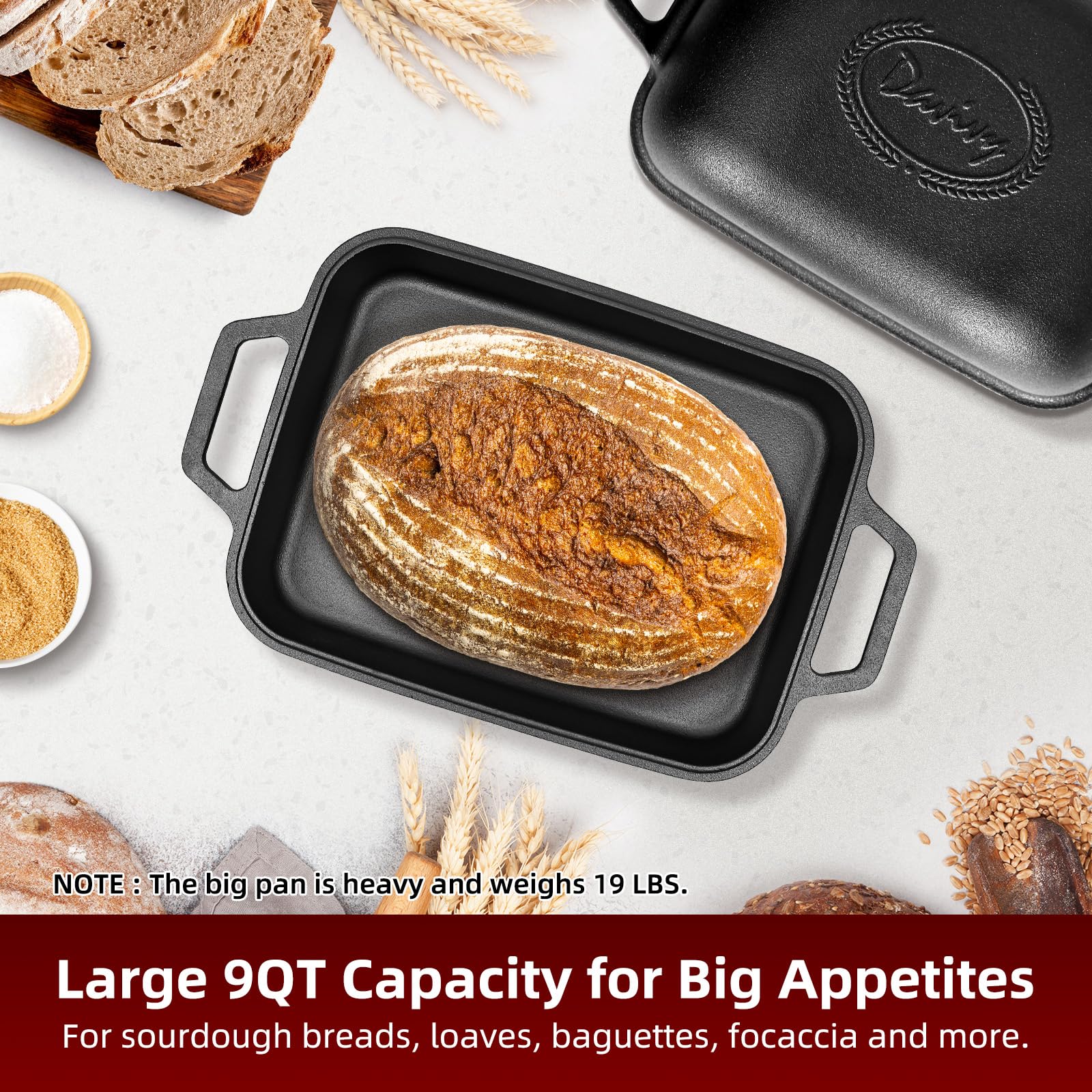 Davivy 9QT Large Dutch Oven for Sourdough Bread with Silicone Baking Mat, 12.3" x 9.2", Non-stick Cast Iron Sourdough Loaf Pan, Cast Iron Sourdough Baking Pan Large Capacity, Matte Black