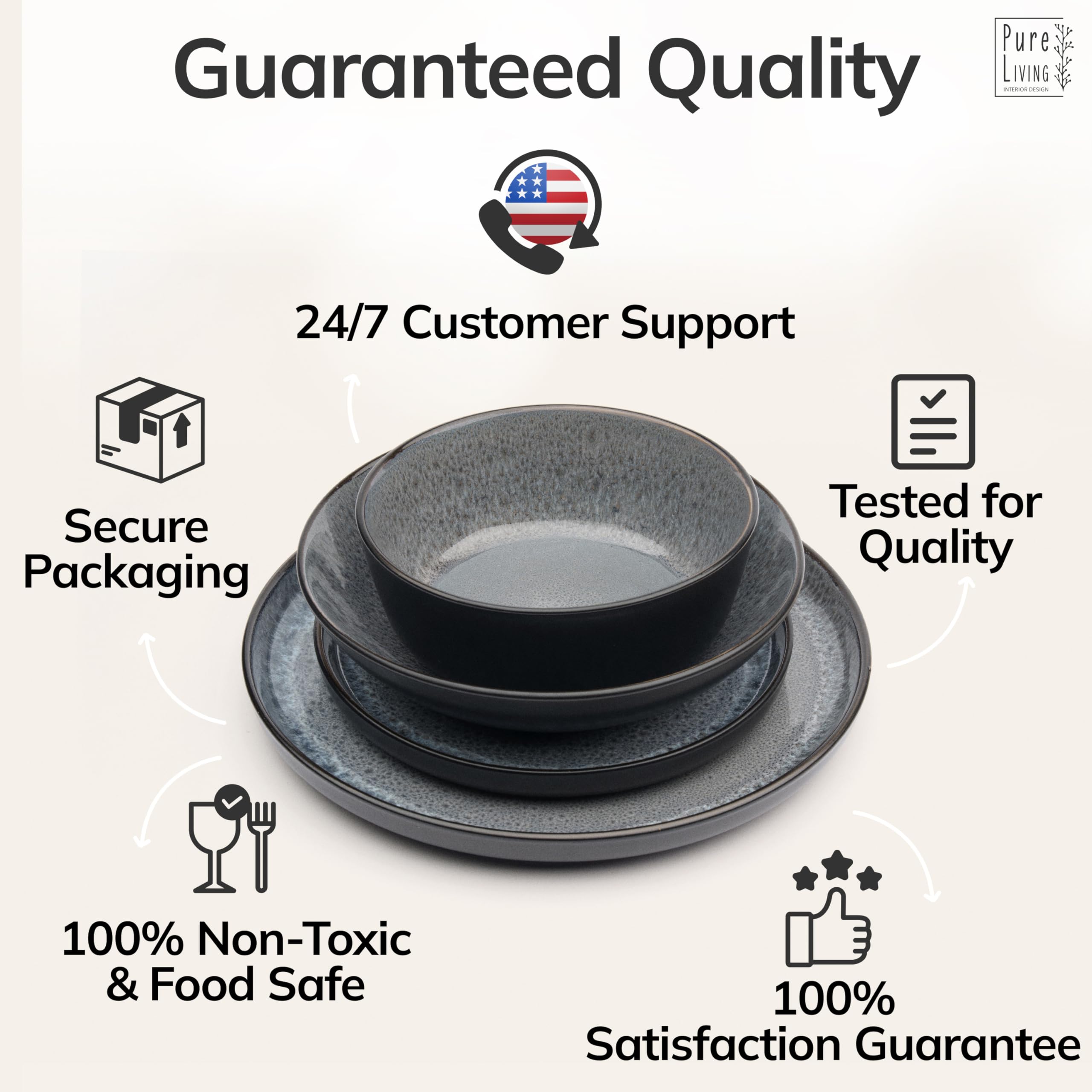 16 Piece Stoneware Dinnerware Set for 4 - Handmade Reactive Glaze Plates and Bowls Set - Chip & Scratch Resistant Dish Set - Dishwasher Microwave Safe - Dark Gray