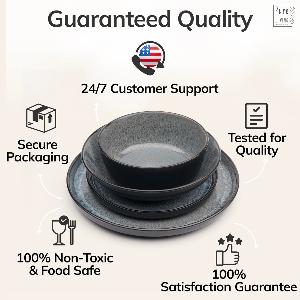 32 Piece Stoneware Dinnerware Set for 8 - Handmade Reactive Glaze Plates and Bowls Set - Chip & Scratch Resistant Dish Set - Dishwasher Microwave Safe - Dark Gray