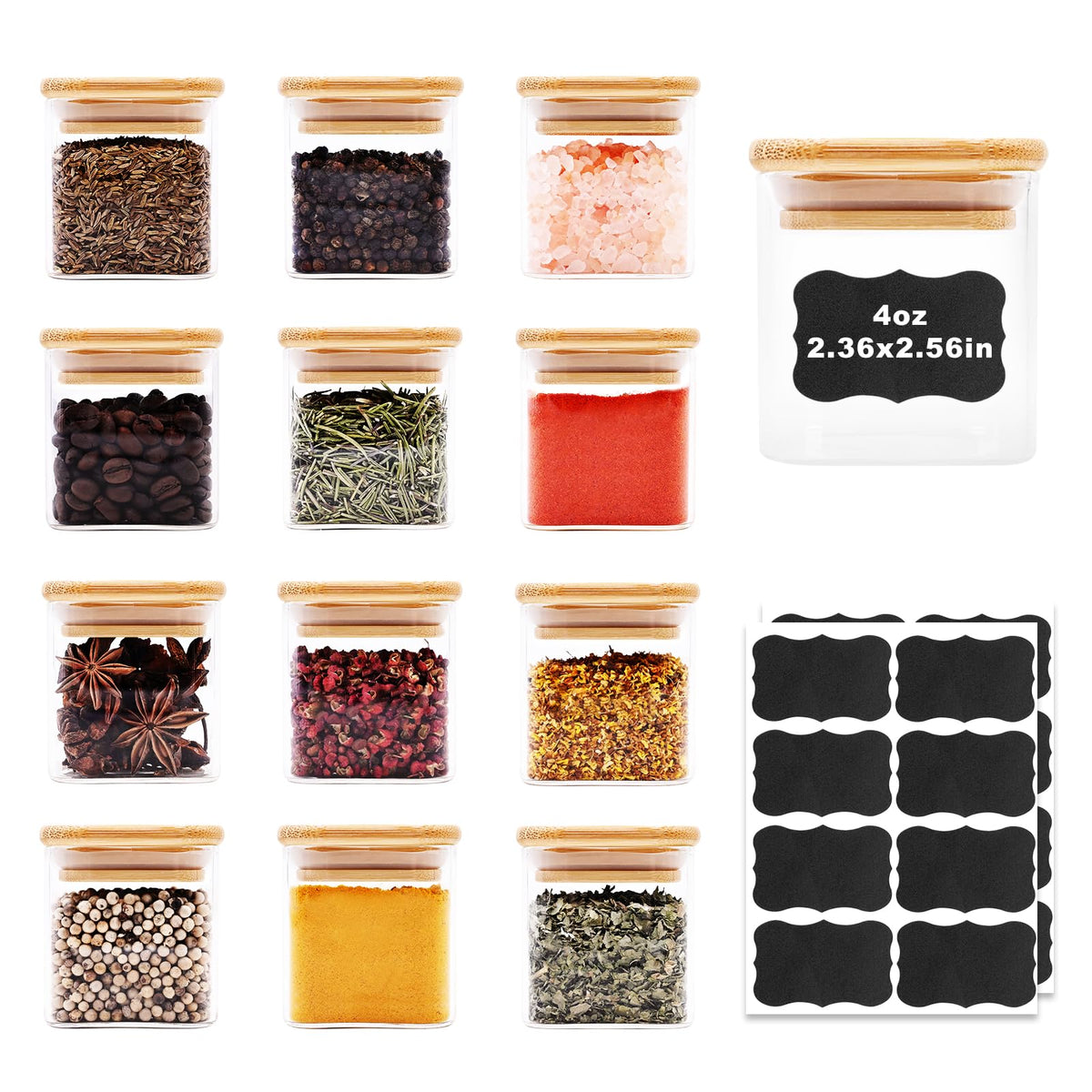 SHOWIN Glass Food Storage Jars, Glass Jars with Bamboo Lids, Kitchen Storage Jars, Canisters with Airtight Lids for Spice, Coffee, Cookie, Set of 5, Pantry Organizers