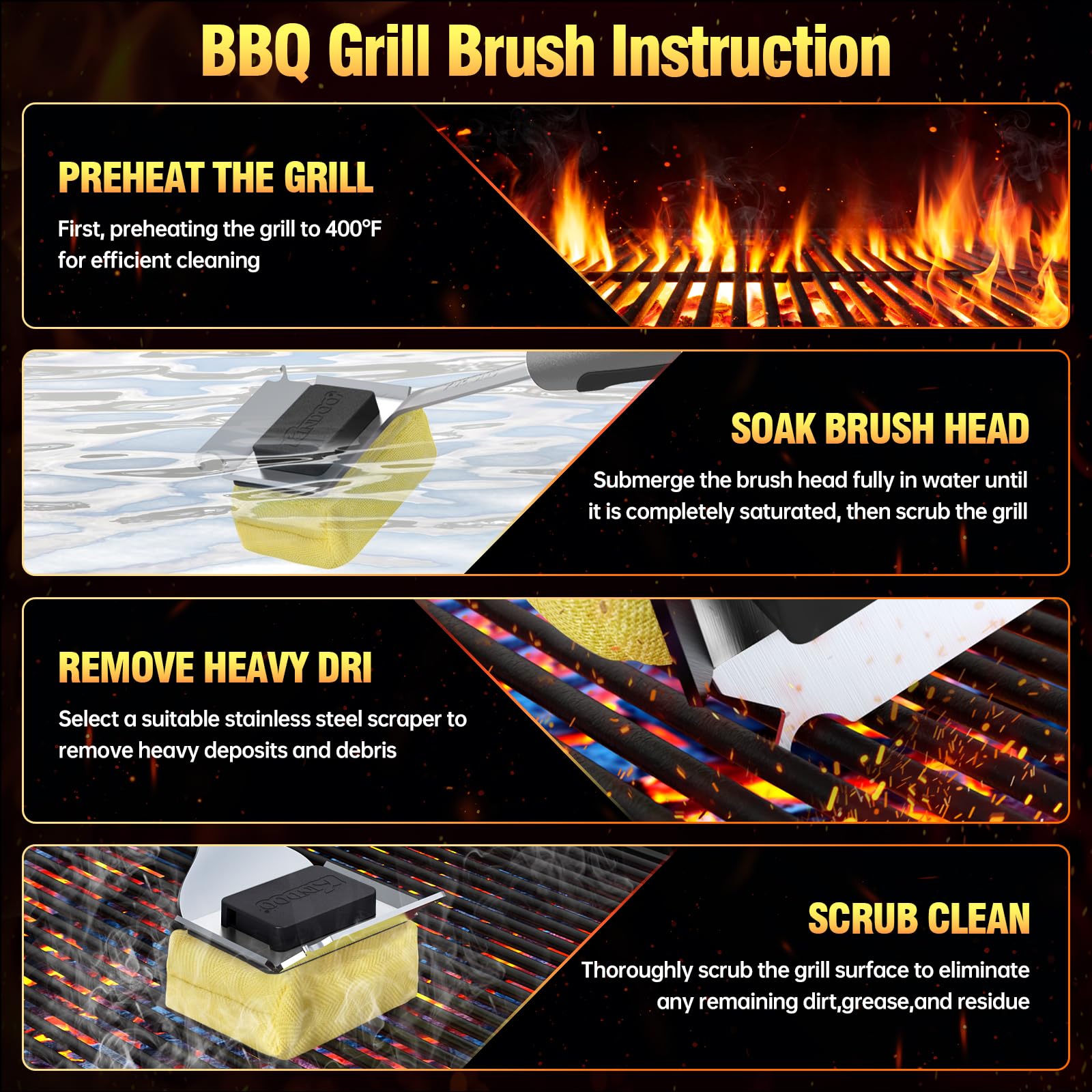 Grill Brush Bristle Free for Outdoor Grill, Steam Grill Cleaning Brush Replaceable BBQ Cleaner Brush Head,Extended Handle, Safe Grill Brush with Scraper for Cast Iron Stainless-Steel Grates,Black