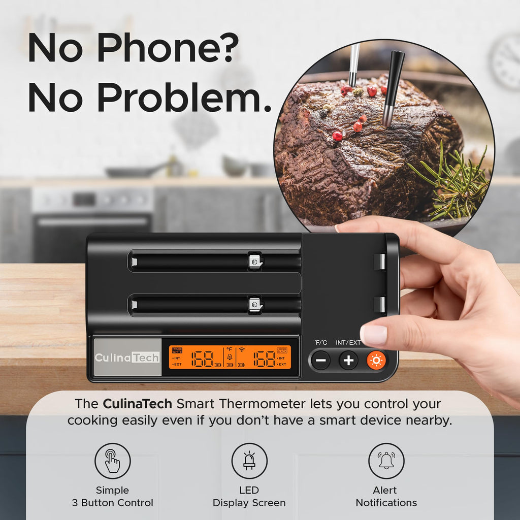 CulinaTech 750ft Wireless Meat Thermometer Long Range for Smoker, BBQ & Rotisserie, 2 Probes Smart Bluetooth Thermometer Dual Sensor Waterproof Probe with LCD Base Station Display & App Control