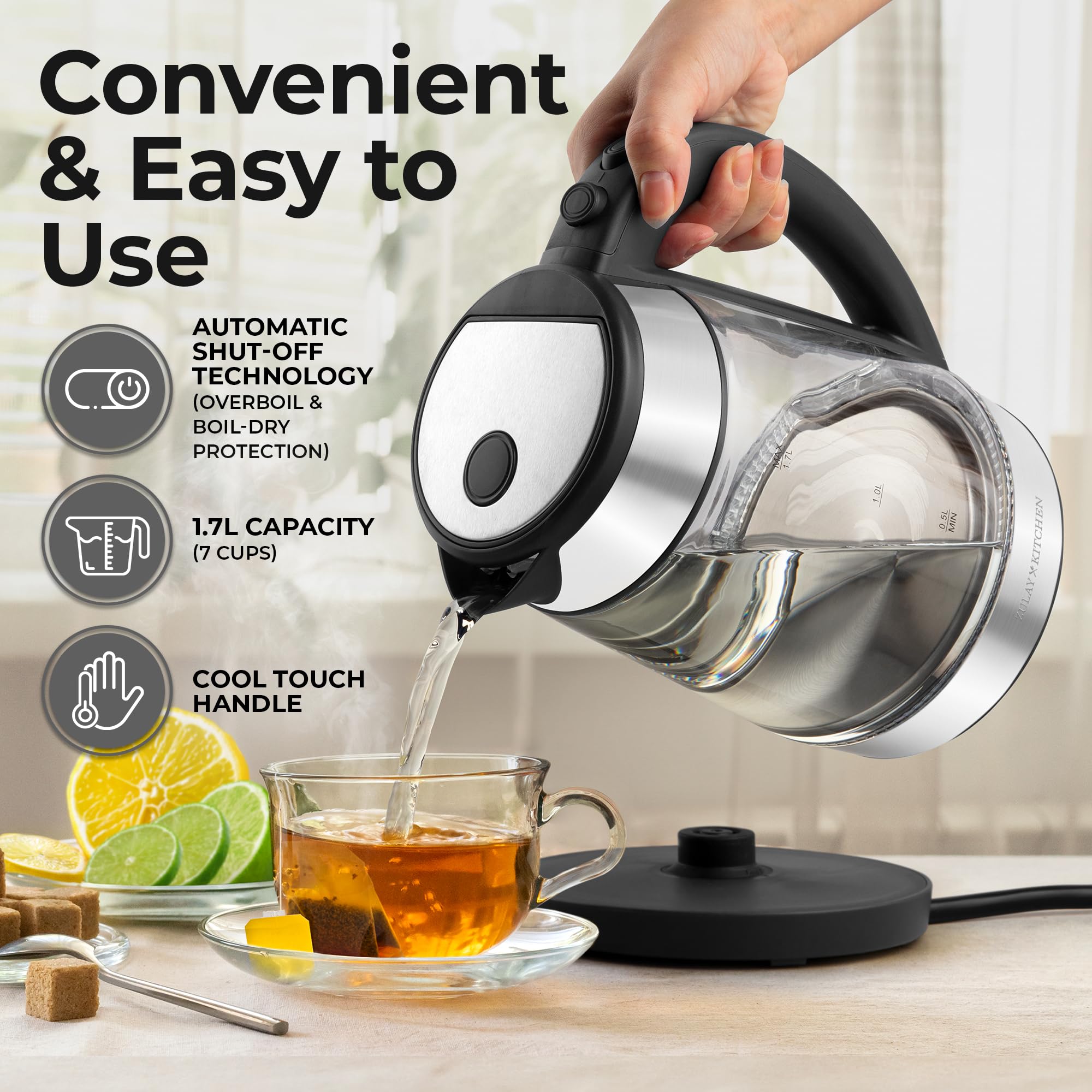 Zulay Kitchen Fast-Boiling Electric Kettle - 1.7L Hot Water Kettle 1500W With Auto Shut-Off - Water Boiler For Coffee & Tea - Boil-Dry Protection, Cool-Touch Handle, 360° Base - Black