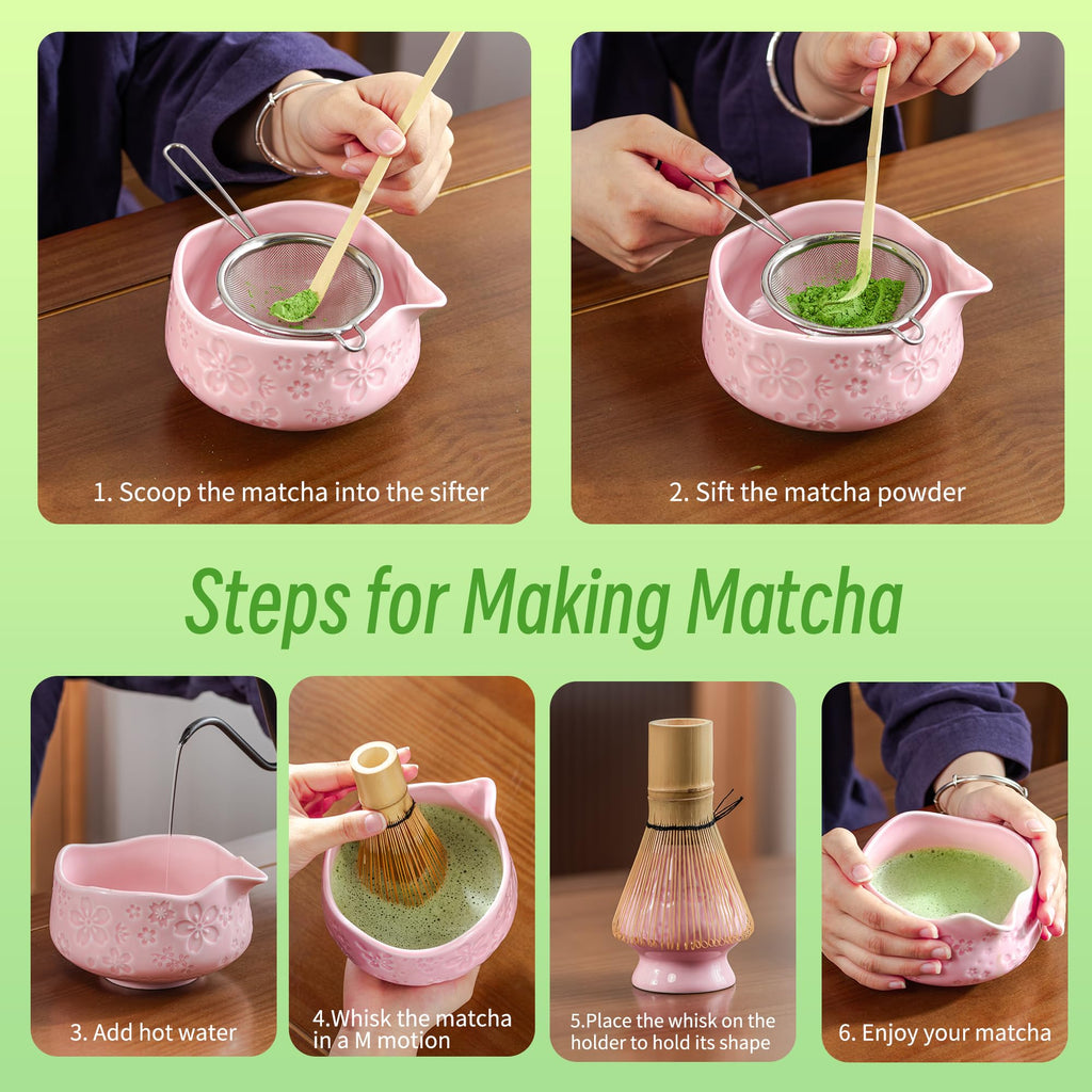 TEANAGOO 7-PCS Pink Matcha Whisk Set with Cherry Blossom Design, Complete Ceremony Kit, Ceramic Chawan Bowl with Spout, Whisk & Accessories, Traditional Matcha Tea Set for Lattes& Gift Giving