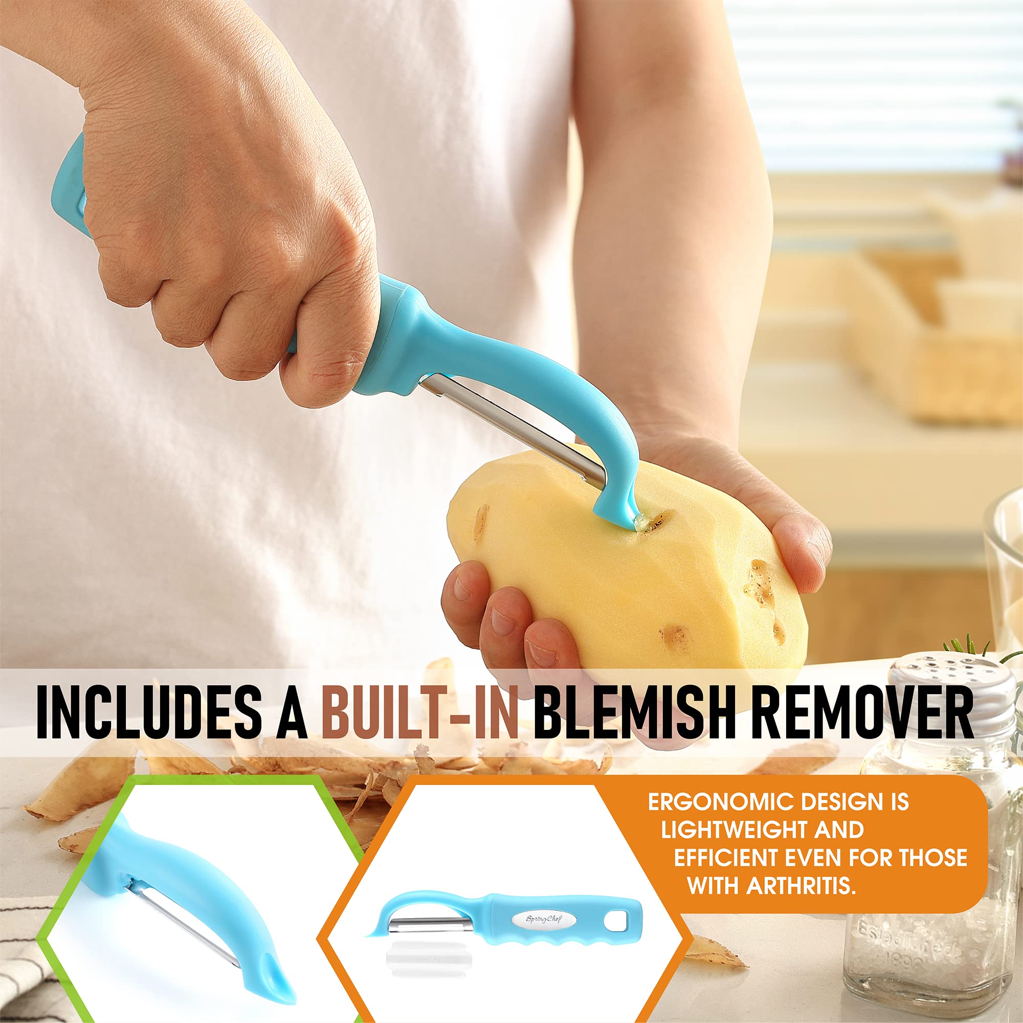 Spring Chef Swivel Potato Peeler for Kitchen w/Soft Grip Handle, Aqua Sky