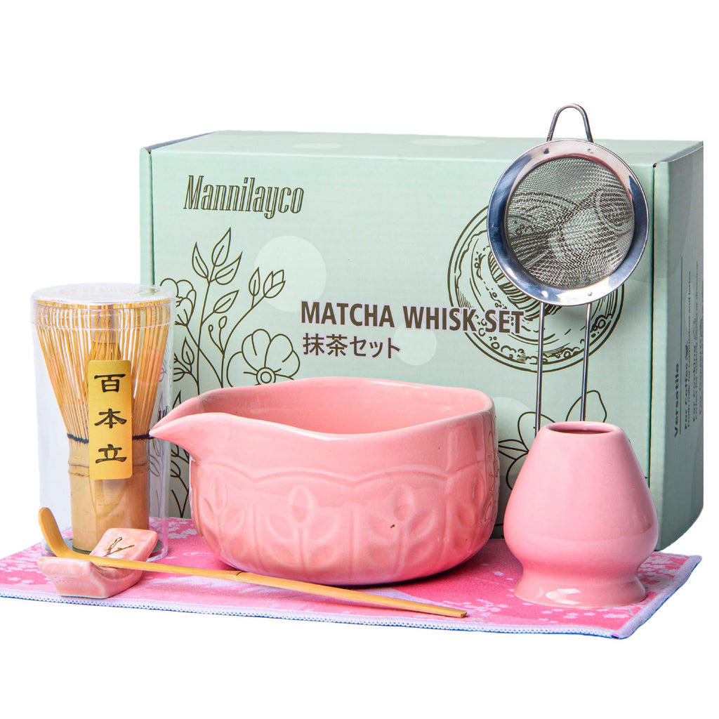 Matcha Whisk Bowl Set, 7PCS Japanese Matcha Kit with Spout Bowl (Pink) Bamboo Whisk Stand Scoop Sifter Accessories for Tea Ceremony Latte, Gifts for Family,Friends