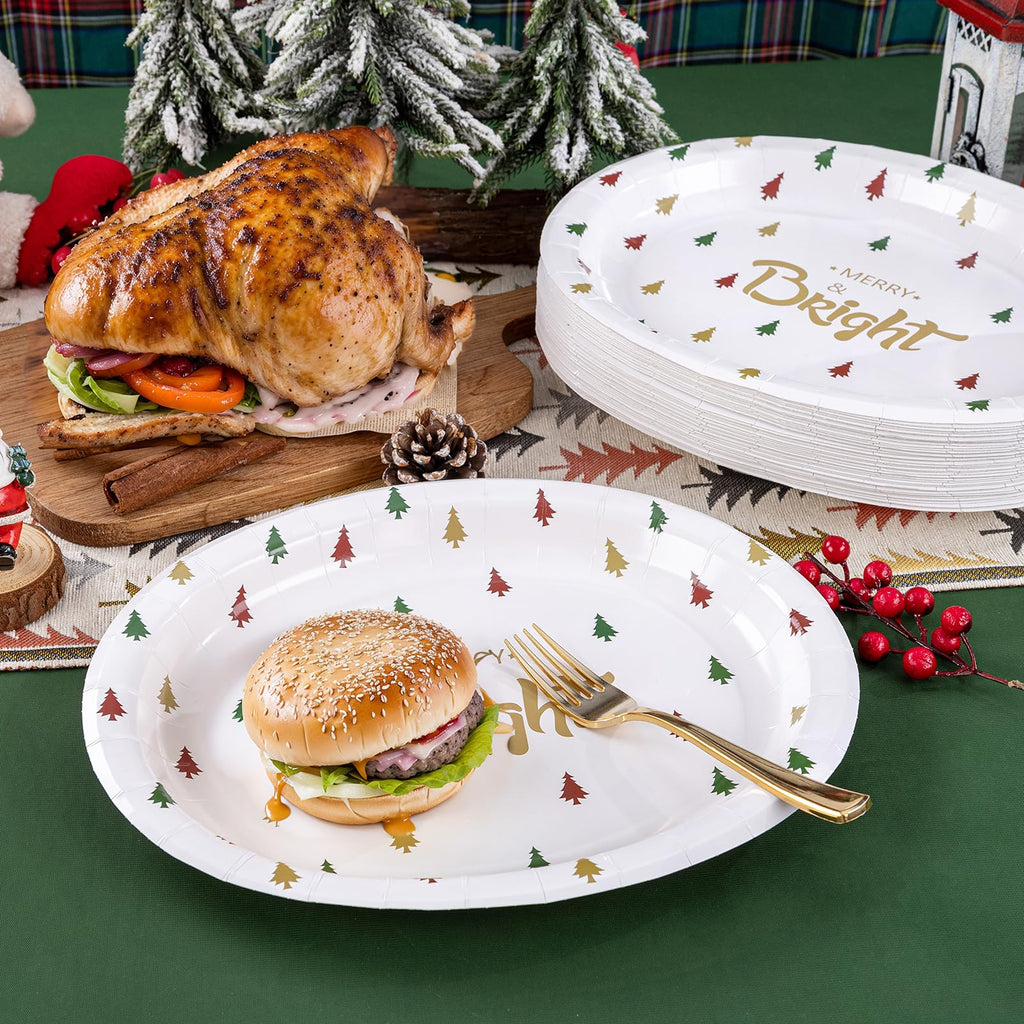 WDF 100 Pack Christmas Paper Plates - 10" x 12"Disposable Christmas Plates Disposable with Christmas Trees-Large Oval Paper Plates Heavy Duty- Party Plates for Christmas