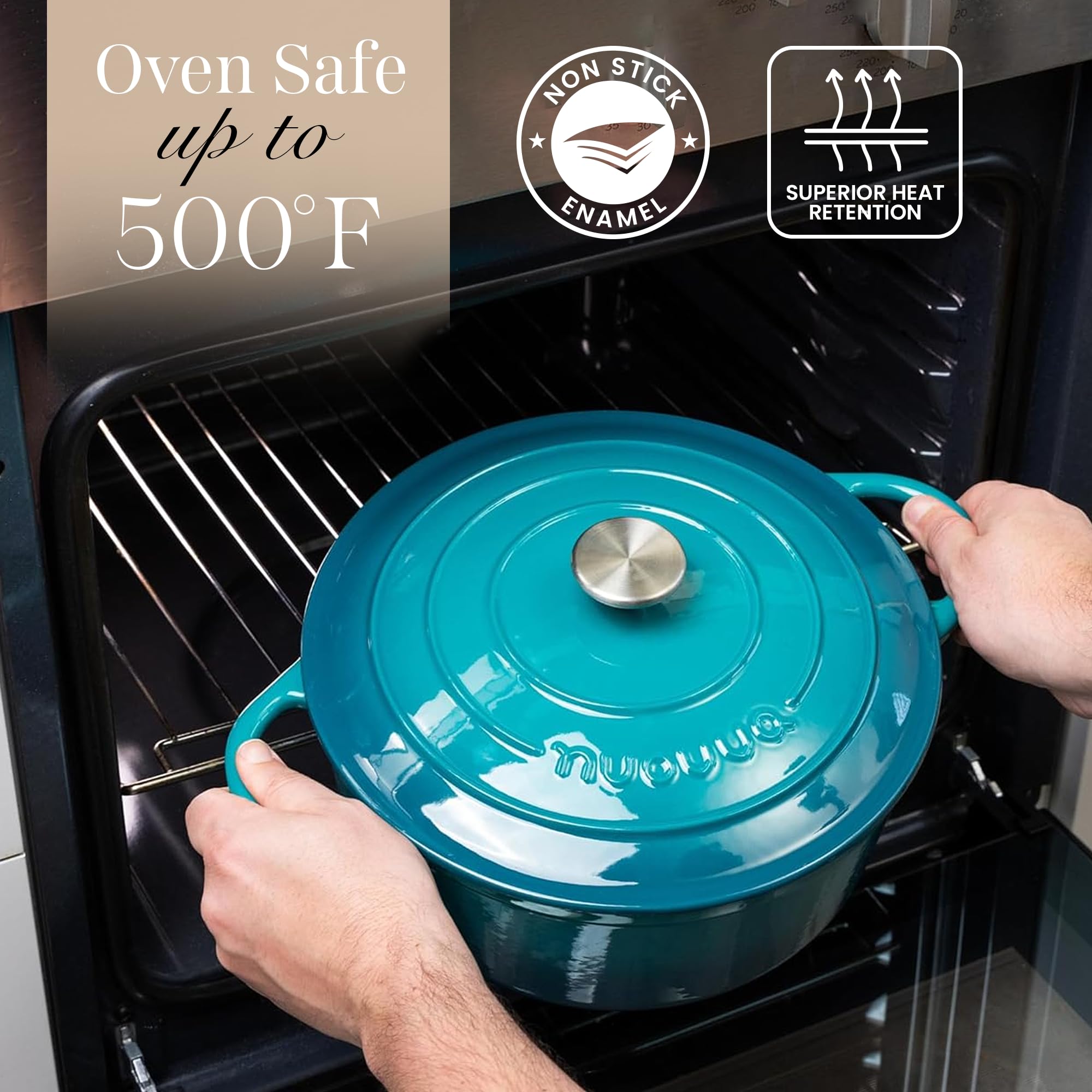 Cast Iron Dutch Oven with Lid-Non-Stick Ovenproof Enamelled Casserole Pot - Sturdy Dutch Oven Cookware-Teal, 7.3- Quart, 30cm- by Nuovva