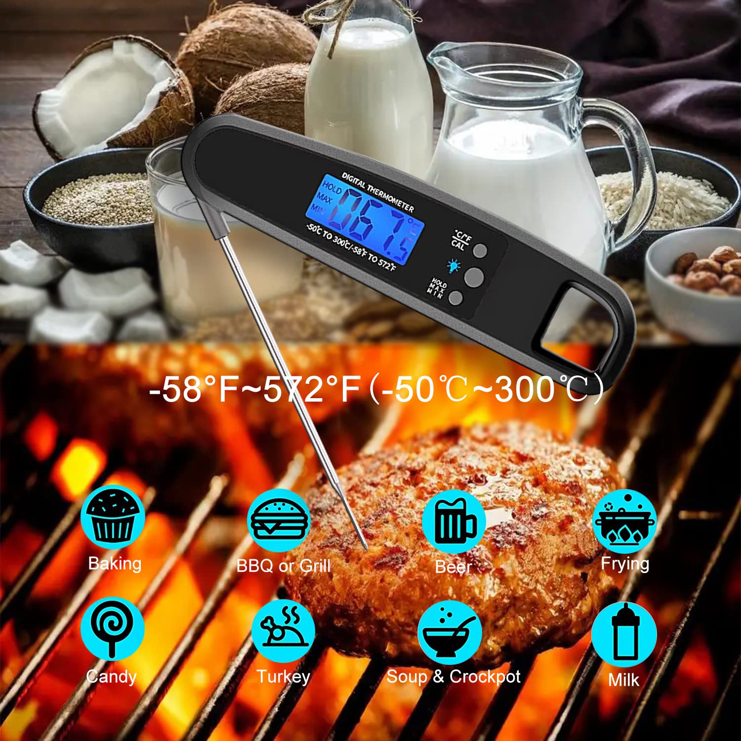 LIKEPAI Black Meat Thermometer Digital Food Thermometer for Cooking