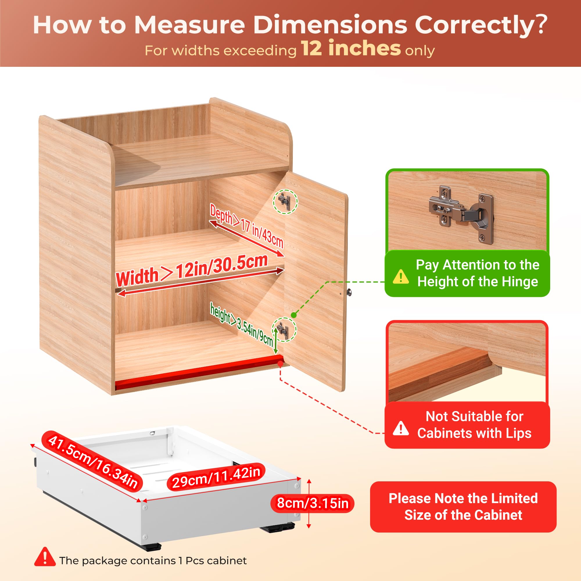 Makfoner 1 Pcs Pull Out Cabinet Organizers, Width (12"-19") and Depth (17"-23") Expandable With 3 Slides, No Drill Slide out Drawers Adhesive Film or Nail Cabinets Without Lip in Kitchen, Bathroom