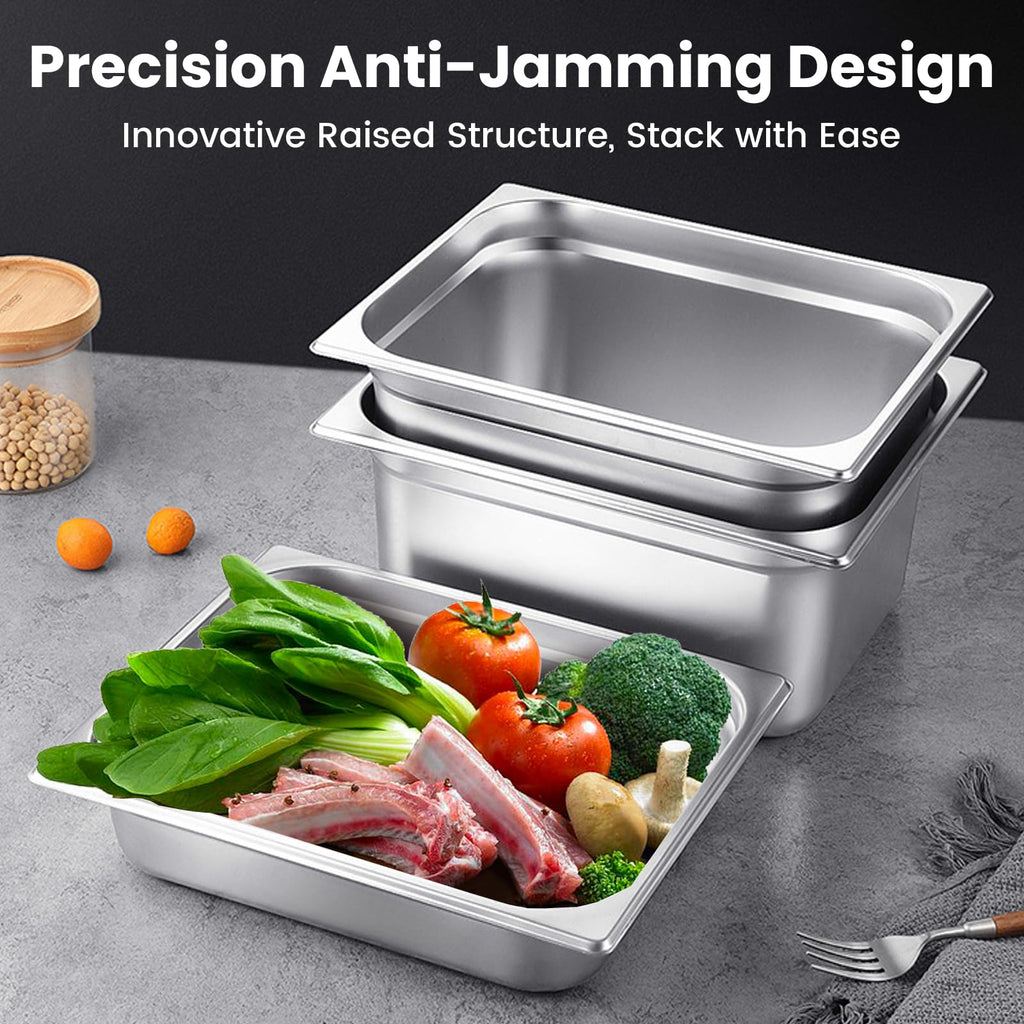 Aplancee 1/4 Hotel Pans 6 Inch Deep Stainless Steel Food Pan - Anti-Jam 6 Pack Steam Table Pan Set for Catering, Buffet Use, Kitchen Prep