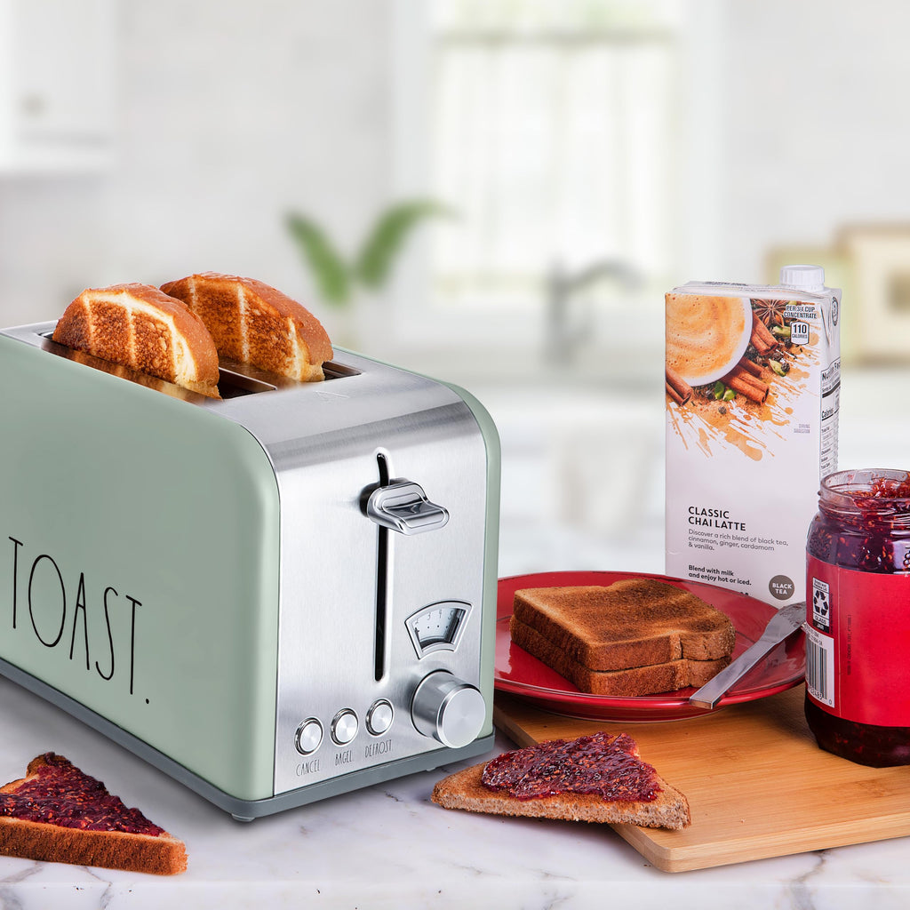 Rae Dunn Toaster, Stainless Steel 2 Slice Square Toaster, Wide Slot with 5 Browning Levels, with Bagel, Defrost and Cancel Options (Sage)