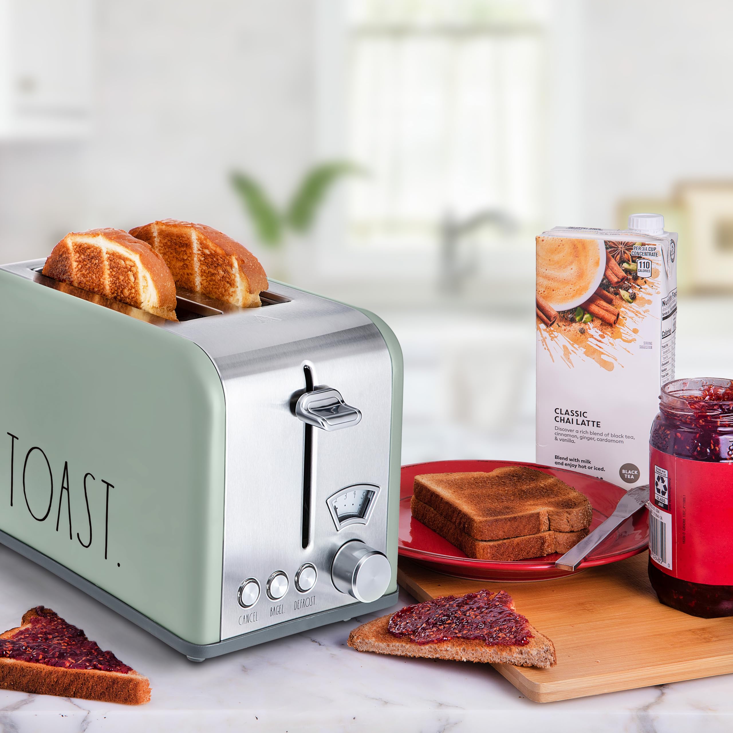 Rae Dunn Toaster, Stainless Steel 2 Slice Square Toaster, Wide Slot with 5 Browning Levels, with Bagel, Defrost and Cancel Options (Sage)