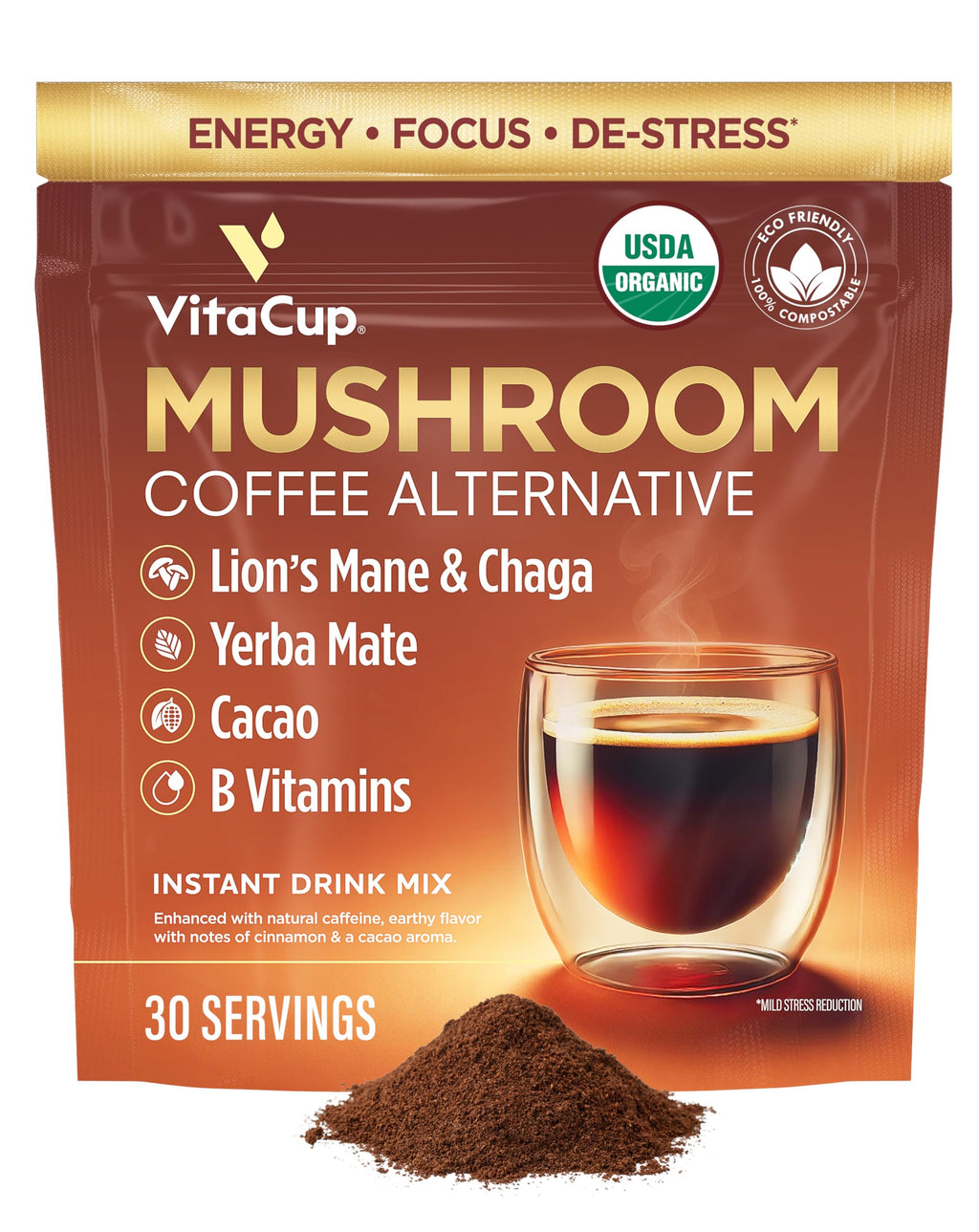 VitaCup Mushroom Coffee Alternative Instant Drink Mix, 30 Servings