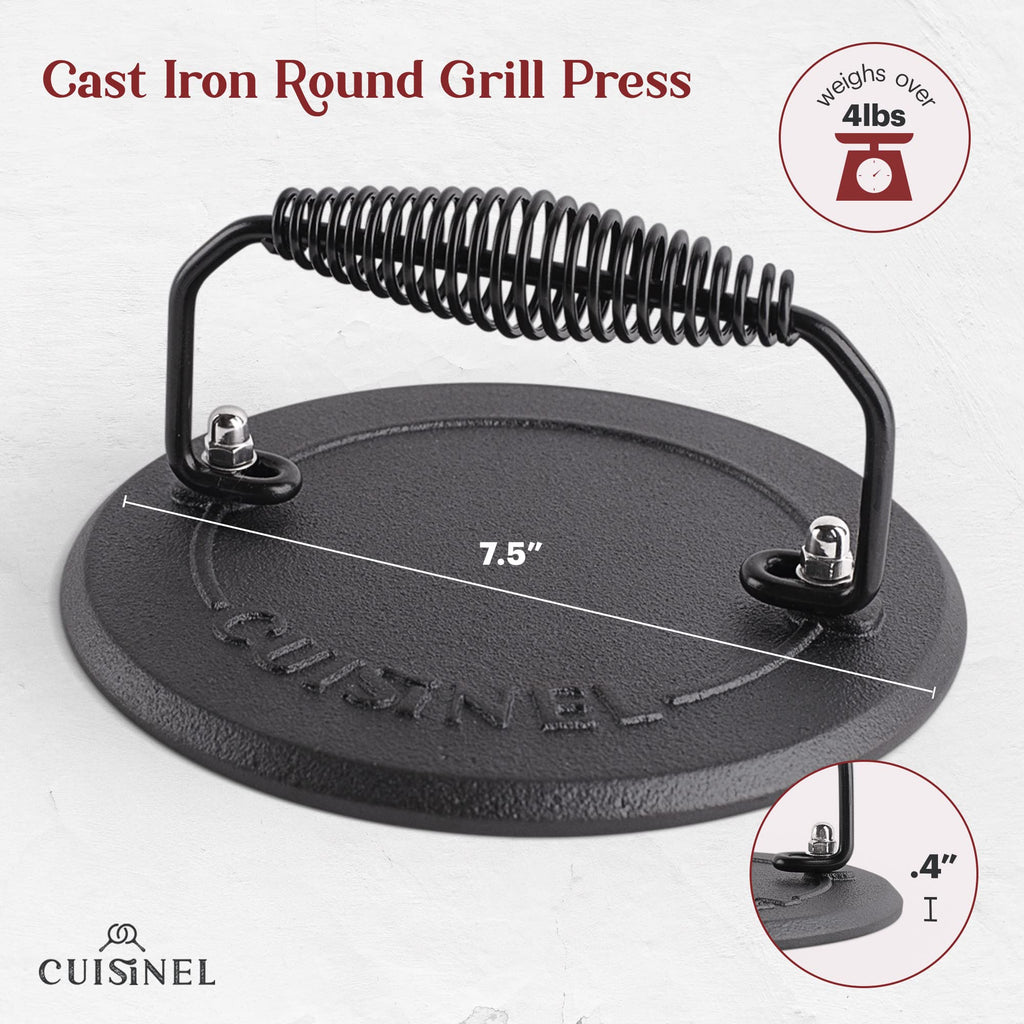 Cuisinel Cast Iron Skillet + Grill Press + Scraper Set - 10"-inch Pre-Seasoned Frying Pan + Silicone Handle Grip - 7" Round Burger Smasher - Indoor/Outdoor, Grill, Kitchen Cookware. PFAS and PFOA-free