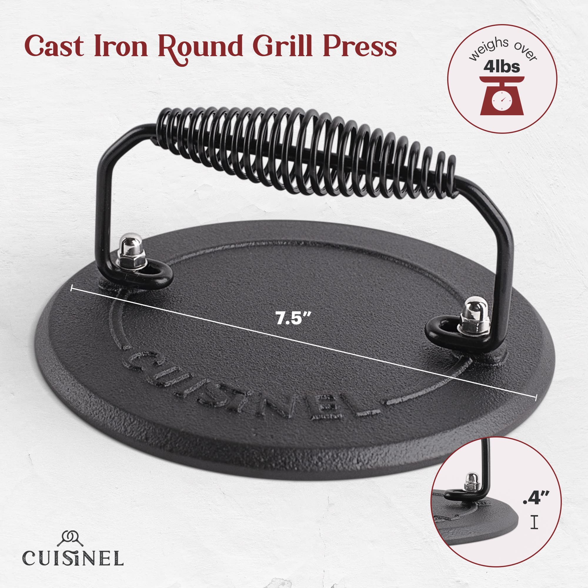 Cuisinel Cast Iron Skillet + Grill Press + Scraper Set - 10"-inch Pre-Seasoned Frying Pan + Silicone Handle Grip - 7" Round Burger Smasher - Indoor/Outdoor, Grill, Kitchen Cookware. PFAS and PFOA-free