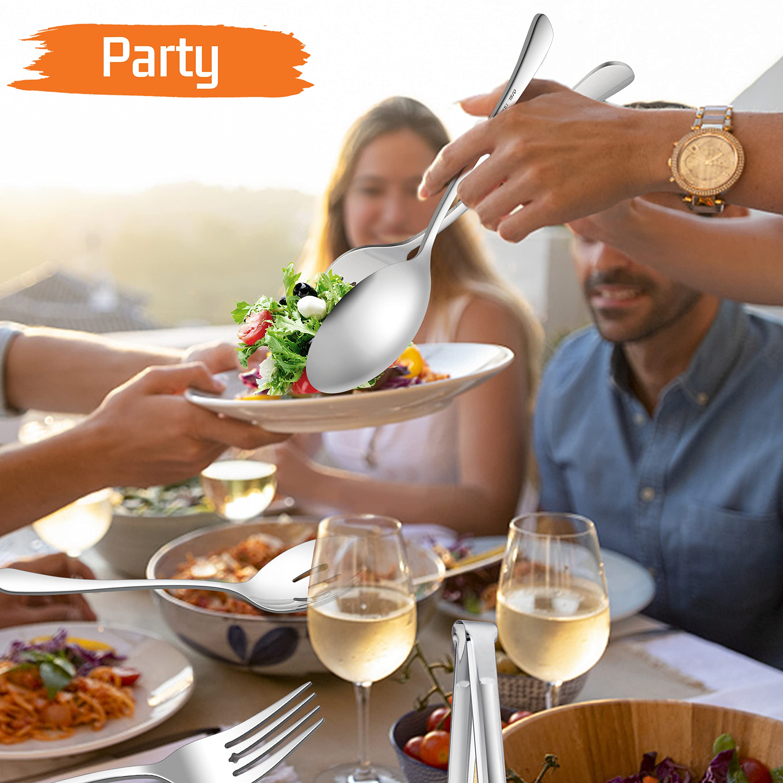 E-far Large Serving Utensils Set of 8, Stainless Steel 9.8 Inch Serving Spoons Slotted Spoon, 9.9 Inch Serving Fork, 9.4 Inch Serving Tong for Buffet Catering Banquet, Mirror Finish & Dishwasher Safe
