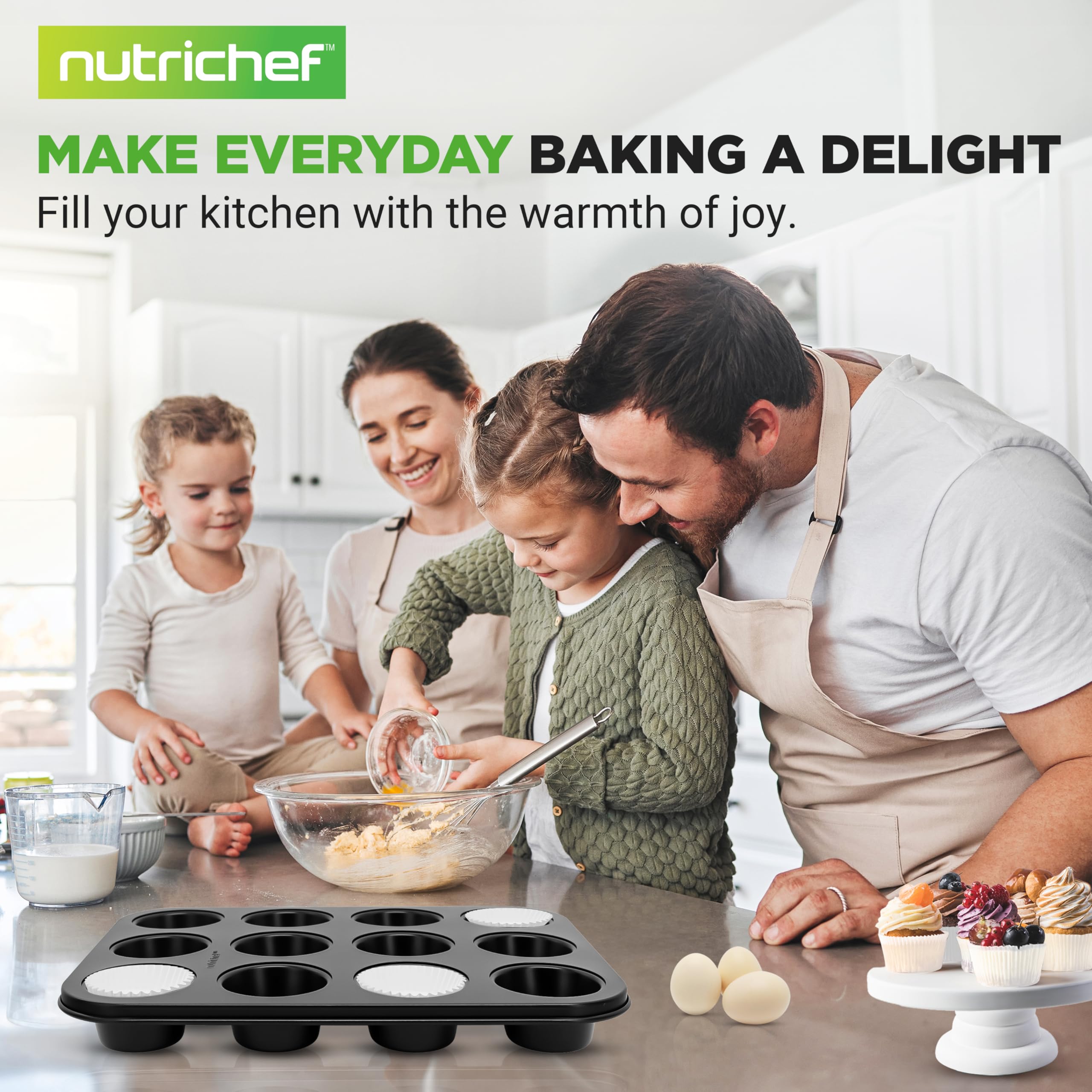 NutriChef Muffin Pans for Baking 4-Pack | Nonstick 12 Mold Cupcake Tins | Carbon Steel Stackable Cup Cake Trays | Dishwasher & Oven Safe | Includes 200 Parchment Paper Liners | 13 x 10 x 1 | Black