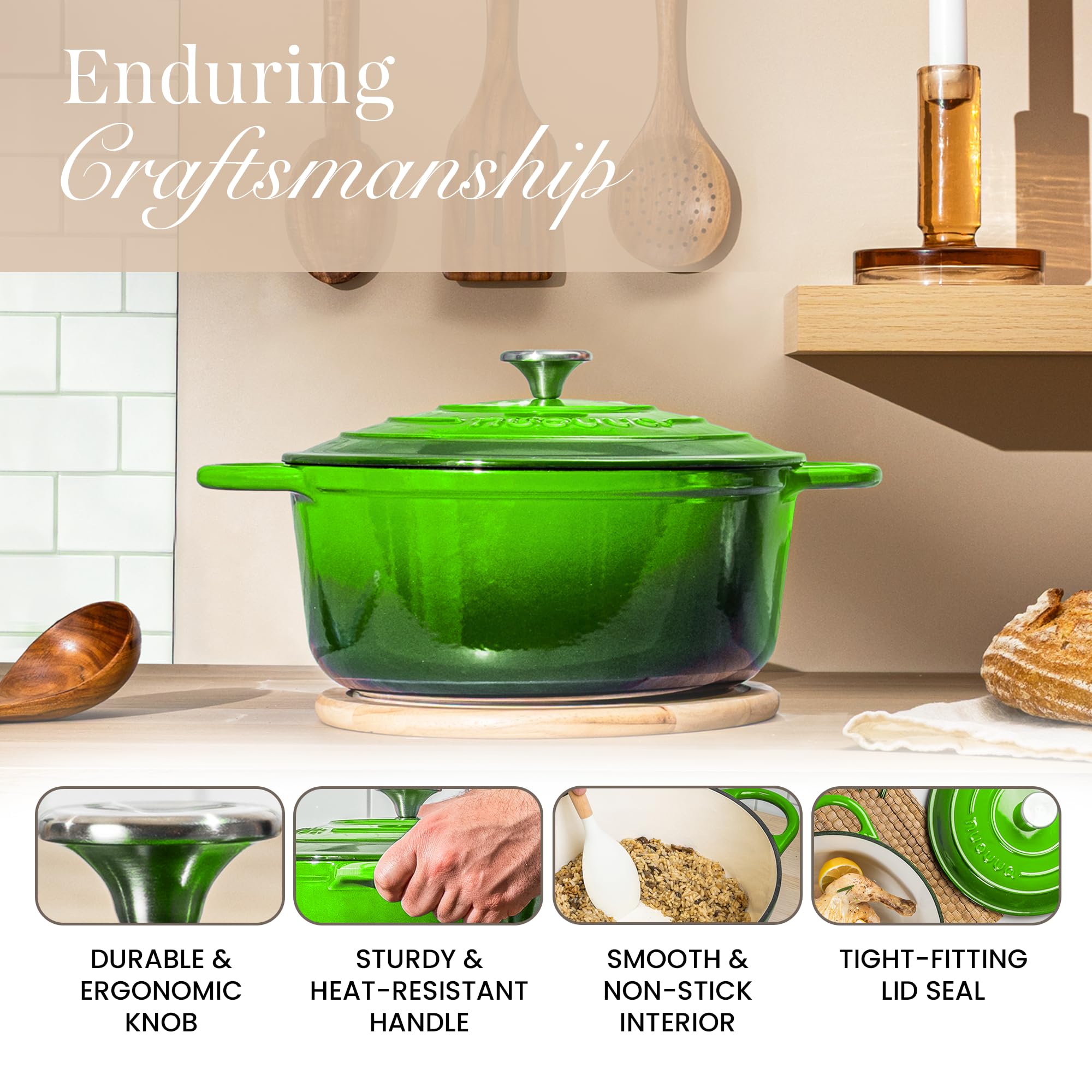 Cast Iron Dutch Oven with Lid-Non-Stick Ovenproof Enamelled Casserole Pot - Sturdy Dutch Oven Cookware - Green, 7.3- Quart, 30cm- by Nuovva