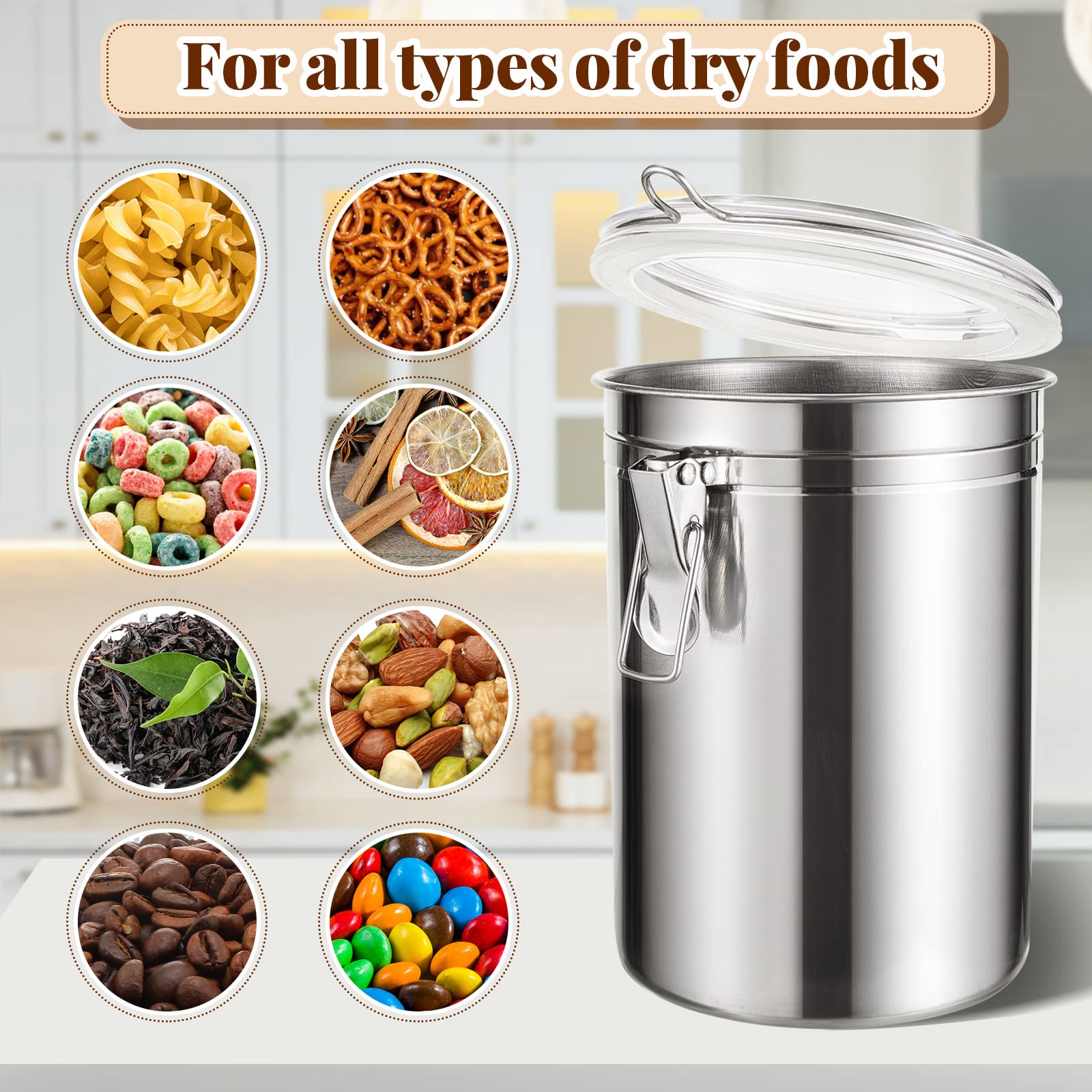 Lallisa 3 Pcs Stainless Steel Kitchen Canister 62 fl oz with Airtight Clear Clamp Lid, Metal Food Storage Container Set for Coffee Bean Ground Coffee Flour Sugar Spice Tea Cereal Snack Candy Pantry