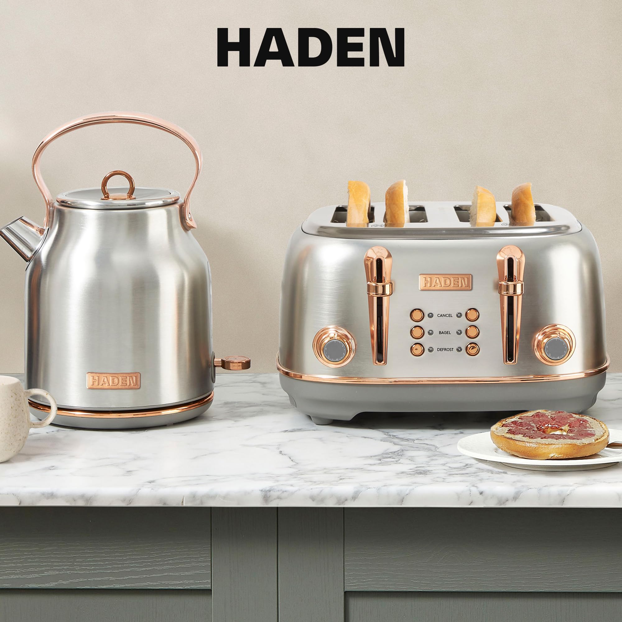 Haden Heritage 4 Slice Wide Slot Stainless Steel Toaster Bundled with 1.7 Liter Stainless Steel Electric Water Kettle, Steel & Copper